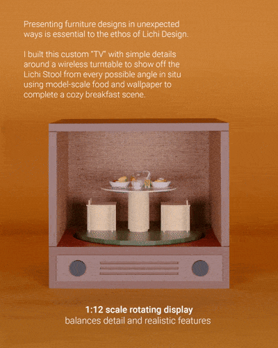 A scale model of a modern TV with a circular turntable inside, displaying a bowl of food on top, surrounded by two small stools, with an orange background and descriptive text about furniture design.
