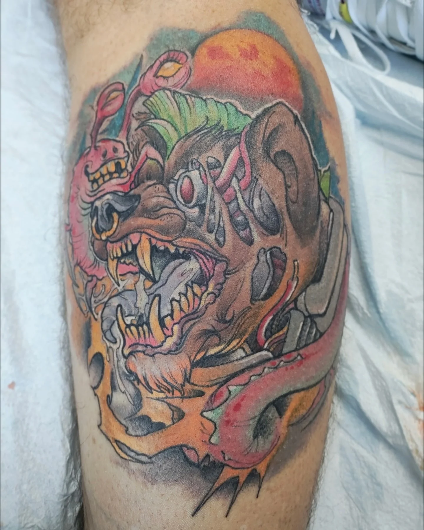 Thanks so much for coming in, Jeremy! 

@ariejamestattoos 

Arie absolutely nailed this piece. She took Jeremy&rsquo;s original drawing and transformed it into a full-blown mad monster. 

There&rsquo;s something special about taking a client&rsquo;s 