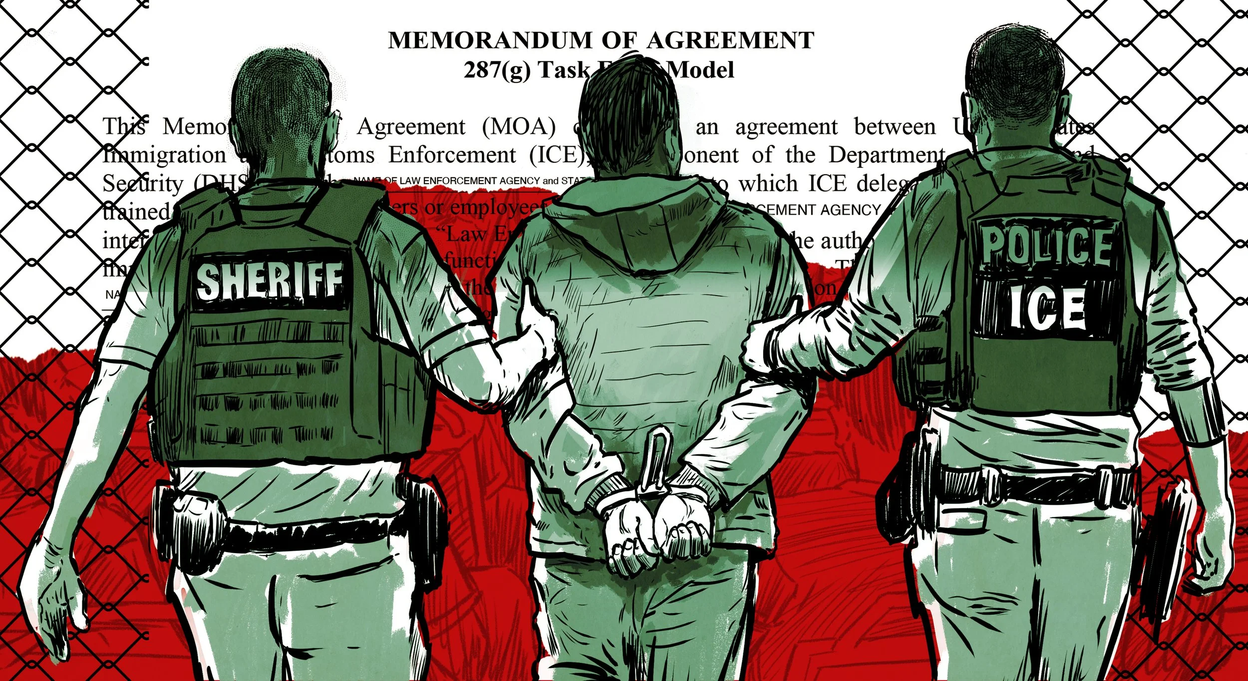 Illustration of people in vests with the words sheriff and police/ICE holding the arms of a person in handcuffs