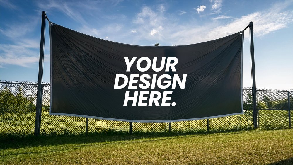 Outdoor banner with a black fabric surface reading Your Design Here