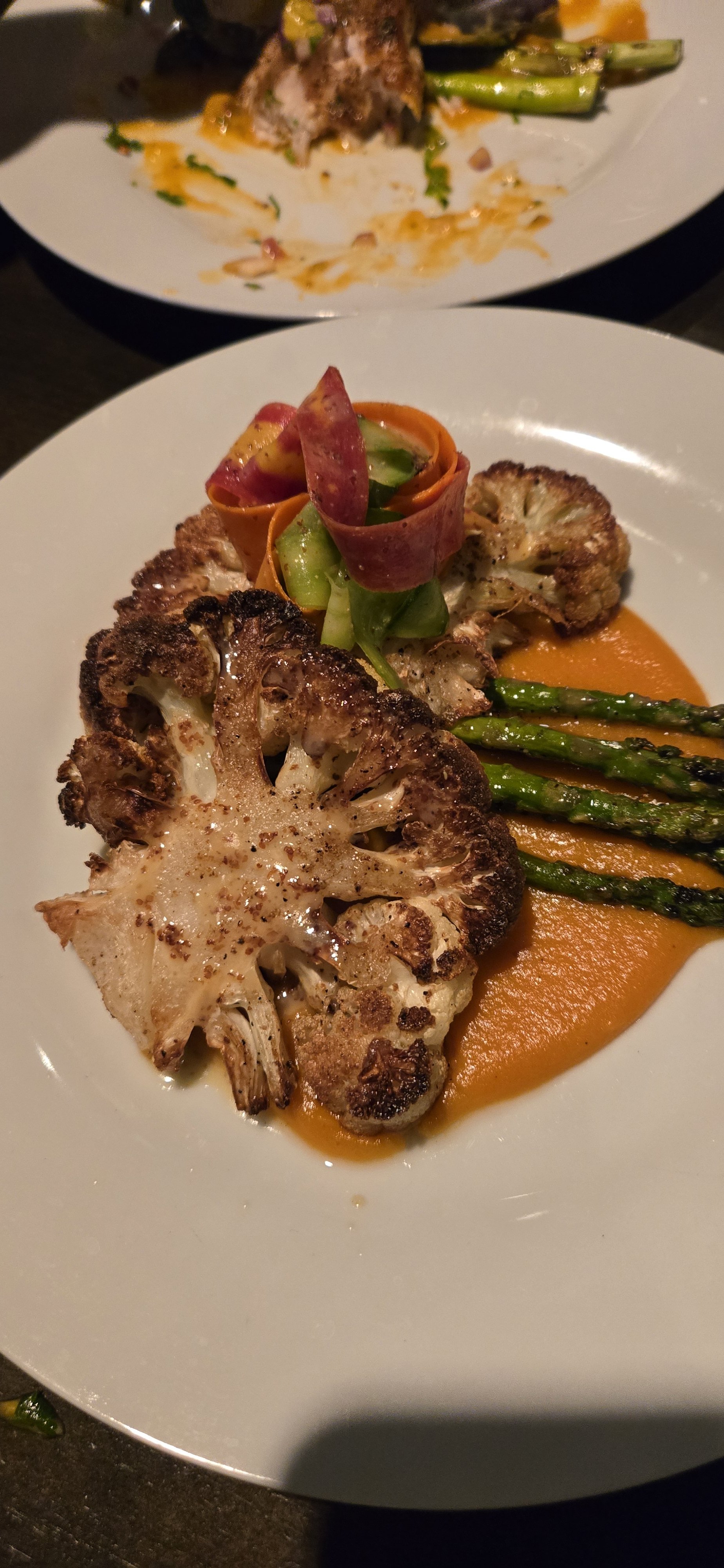 vegetarian cauliflower steak, carrot and cucumber slaw, roasted asparagus, sweet potato puree