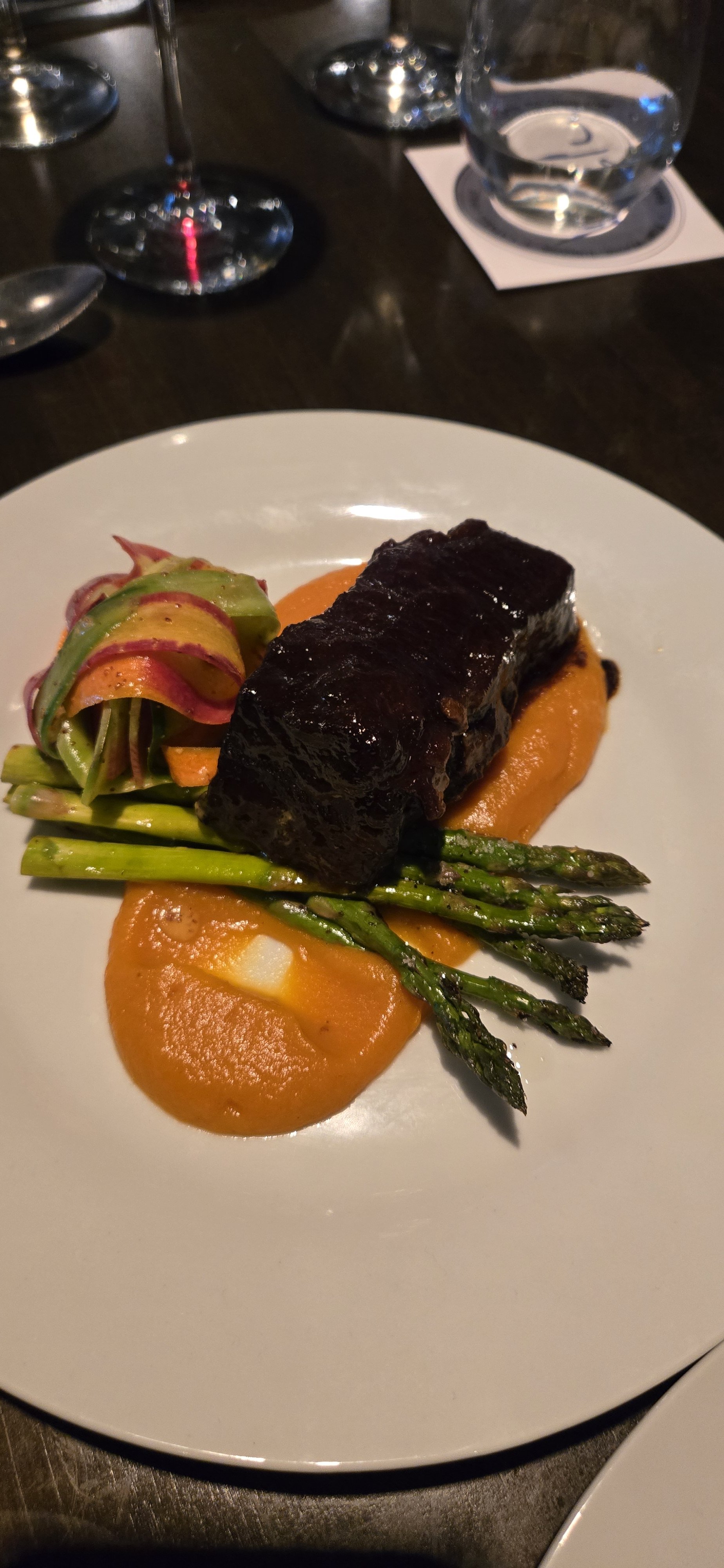 jerk braised short rib, carrot and cucumber slaw, roasted asparagus, sweet potato puree