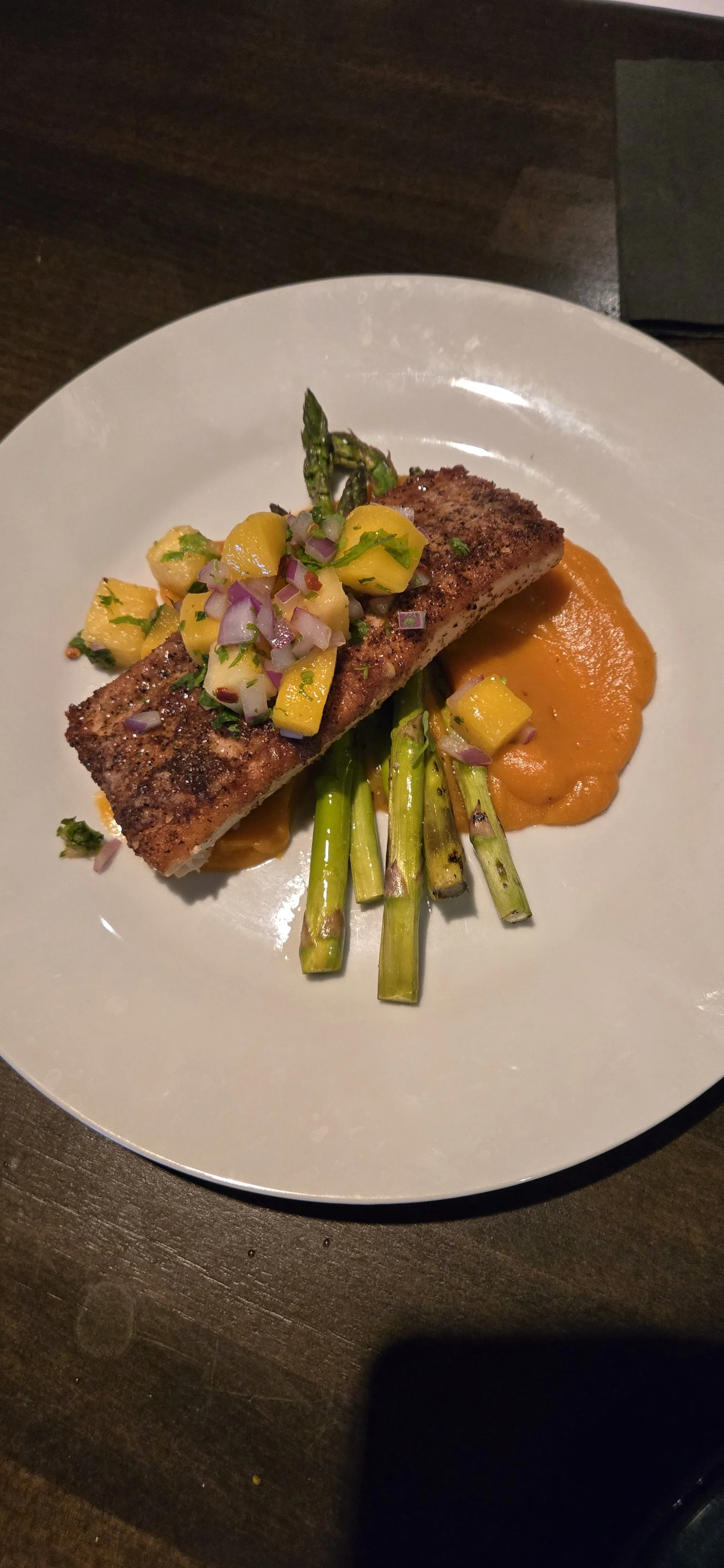 spice roasted salmon, mango salsa, roasted asparagus, sweet potato puree