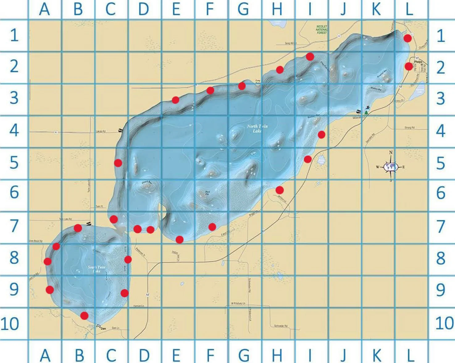 Grid map of North and South Twin Lakes with red dots marking the treatment areas for Eurasian Water Milfoil