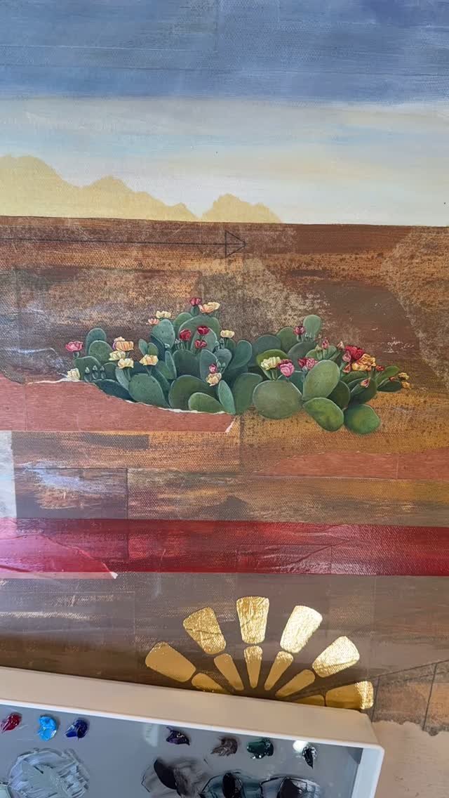 I’ve been working on the background imagery for this Southwest inspired painting off and on for a year now. Finally got the detail added to the farthest cacti cluster. Ready for the first coat of resin and on to the foreground imagery. This one