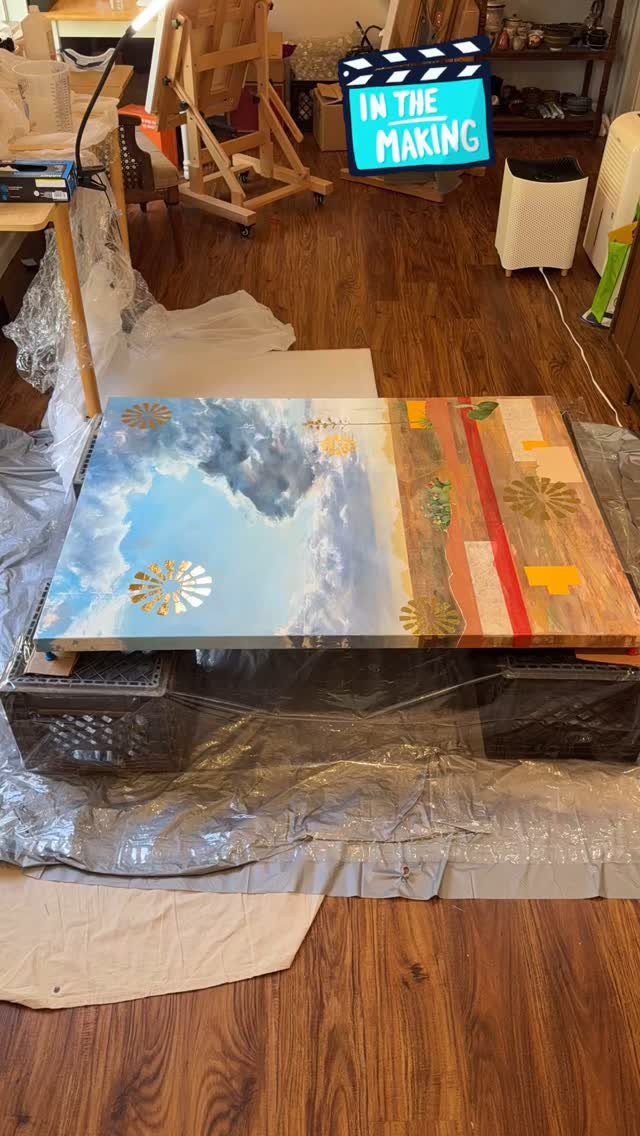 When you realize you don’t have a big enough table, you improvise ๐. Not gonna lie, all that squatting was a bit of a work out. Have no fear, I persevered and the first layer of resin is complete! Now on to the oil painting… and maybe e