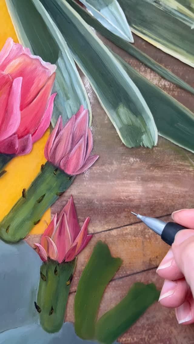 Making progress on these prickly pear blooms! Still have to add detail to the pads but I’m loving these colors! #southwesternart