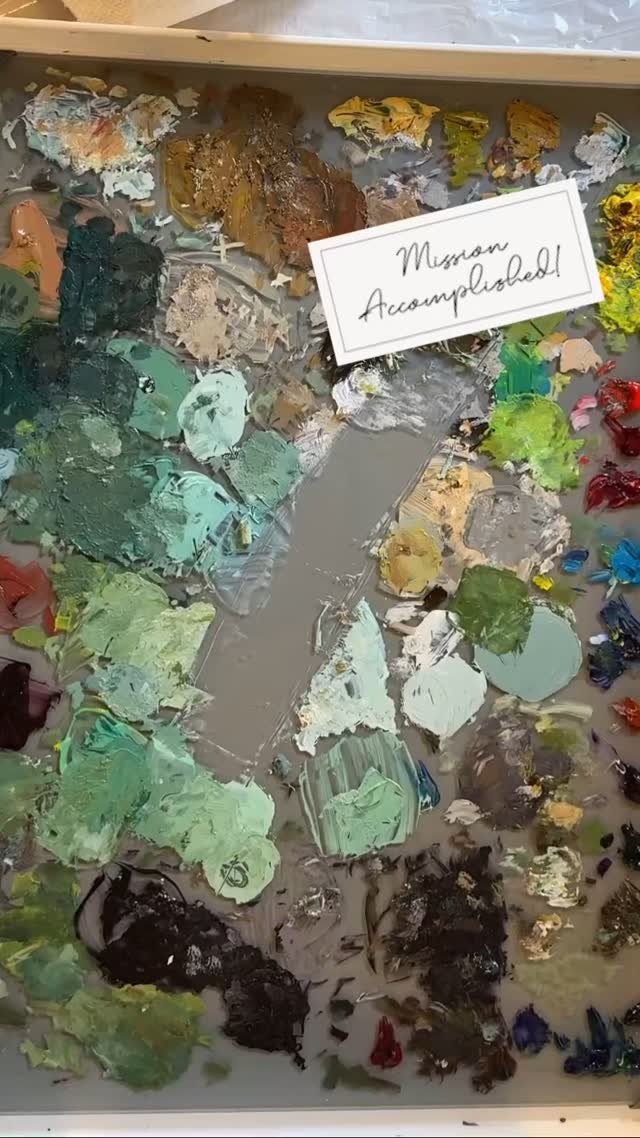 Cleaning my palette always makes me feel so accomplished. There’s something so satisfying about the scape of metal on glass as the paint curls up in ribbons. I’m in the studio cleaning up and adding finishing touches to my newest, and lar