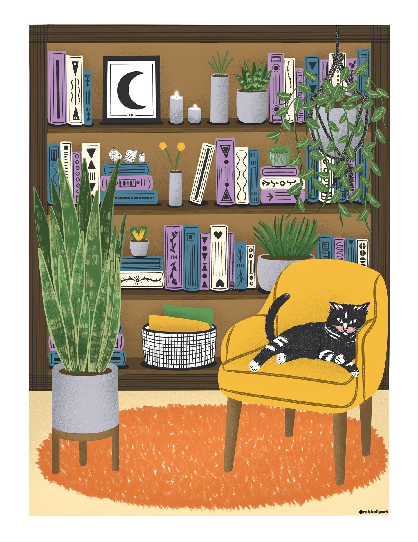 Vibing with her books, crystals, plants, and candles&hellip; 🐈&zwj;⬛📚🕯️🌿

What book would be reading, while this sweet black cat is snuggled up on your lap? ✨ Give me all your book recs in the comments! 

#illustrationartist #witchyvibes #witchya