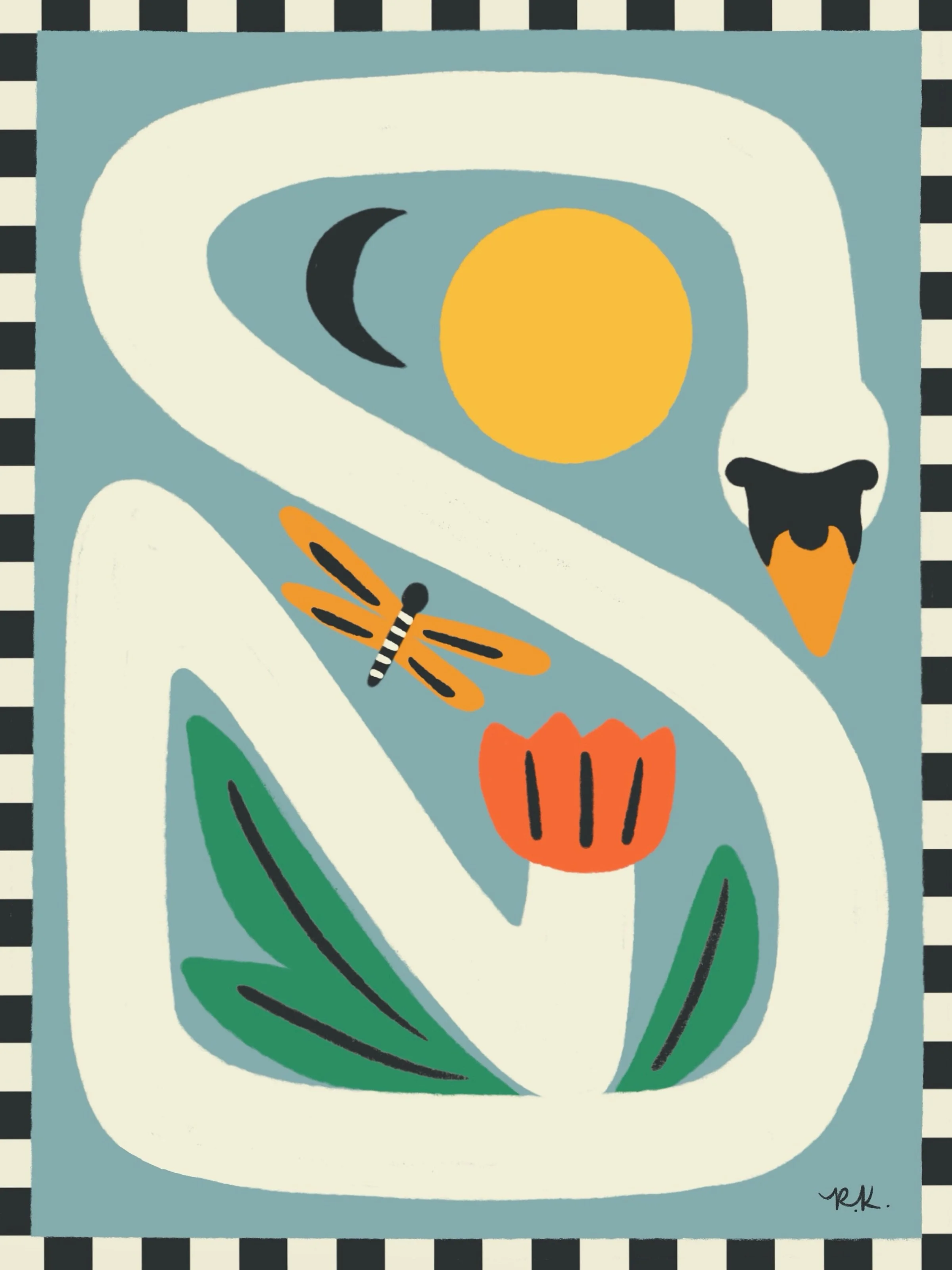A whimsical, flowering swan for the #slowdownartcomp2026 🦢☀️🌷🌙

Swan, tulips, moon, sun, dragonfly, illustration artist, blanket design, swan art