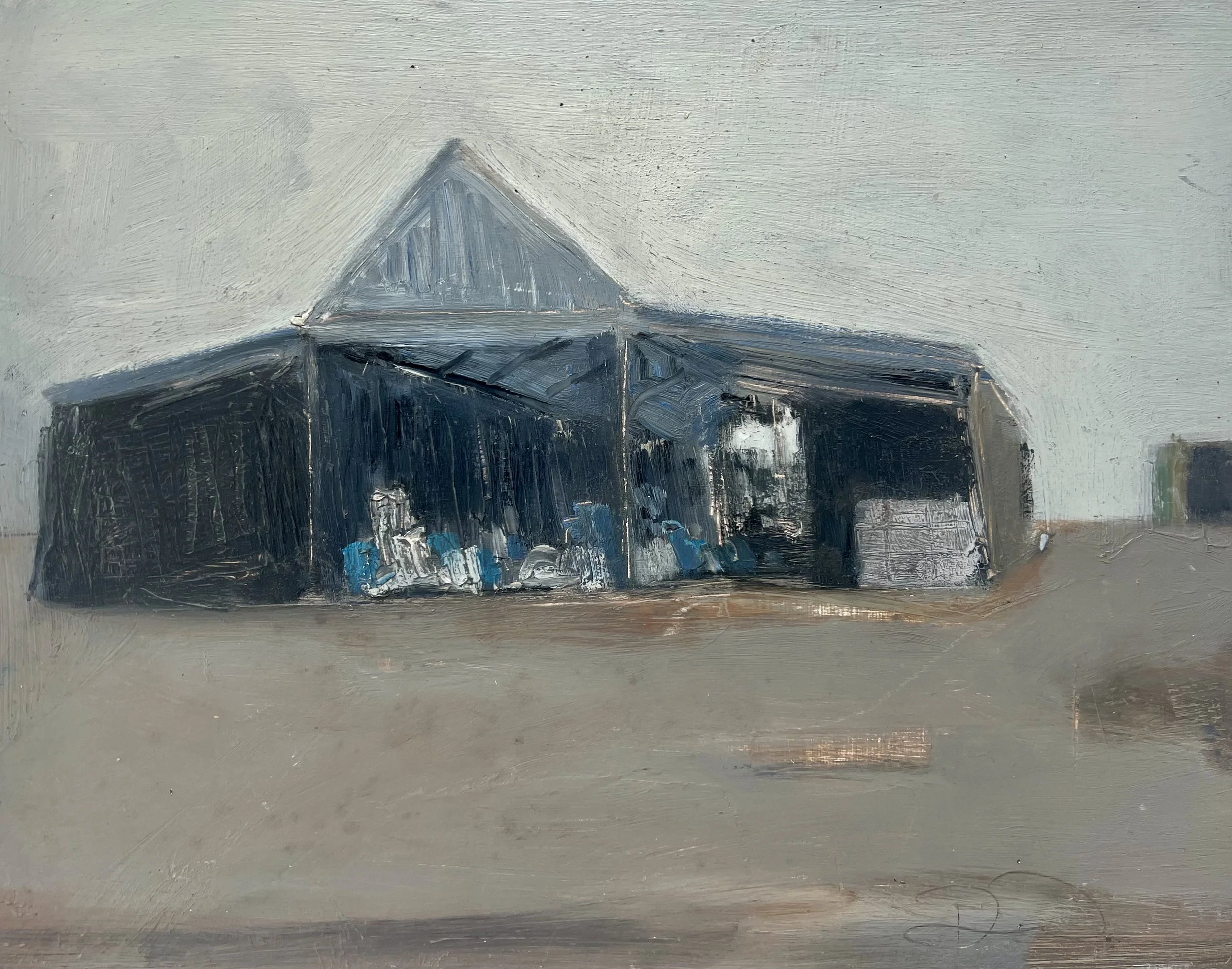 'Blue barn',
Oil on board