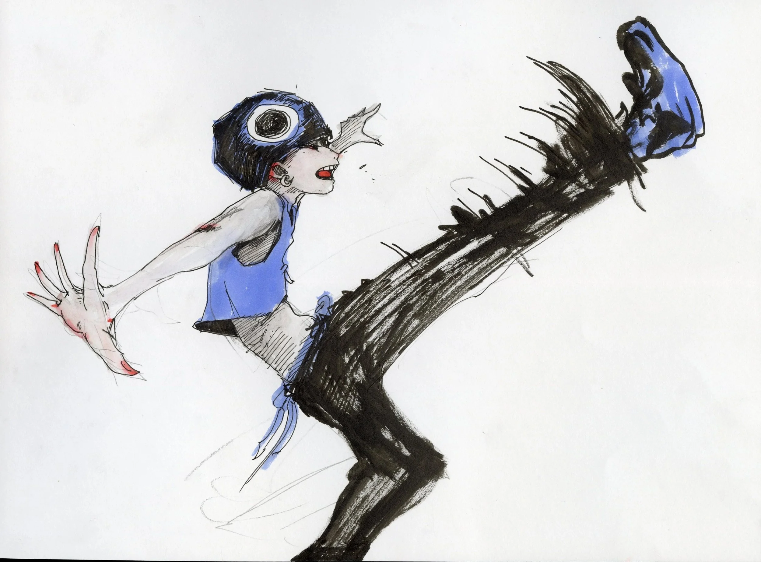 A woman with short hair, wearing earrings and a sleeveless top, is reaching out her hand towards a butterfly perched on a dark branch or surface. The illustration uses black ink and blue accents, with expressive lines and shading.