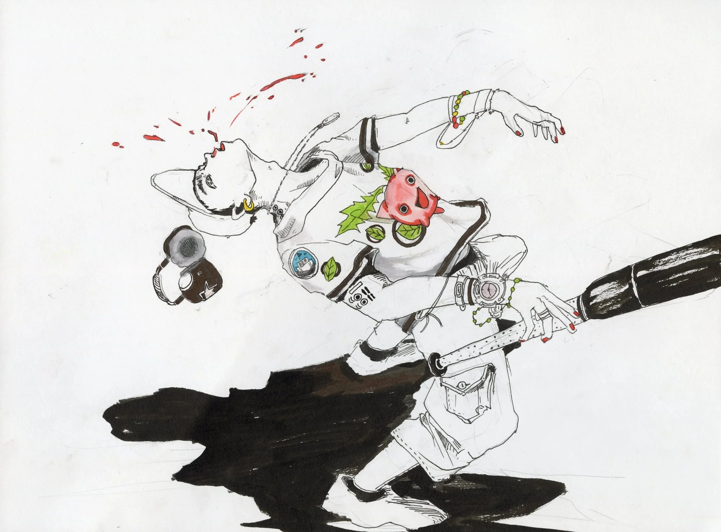 A hand-drawn illustration of a woman with cat ears, wearing jewelry, a watch, and casual clothing, lying on her back with closed eyes, holding a watermelon-shaped plush toy, on a surface with a dark shadow.