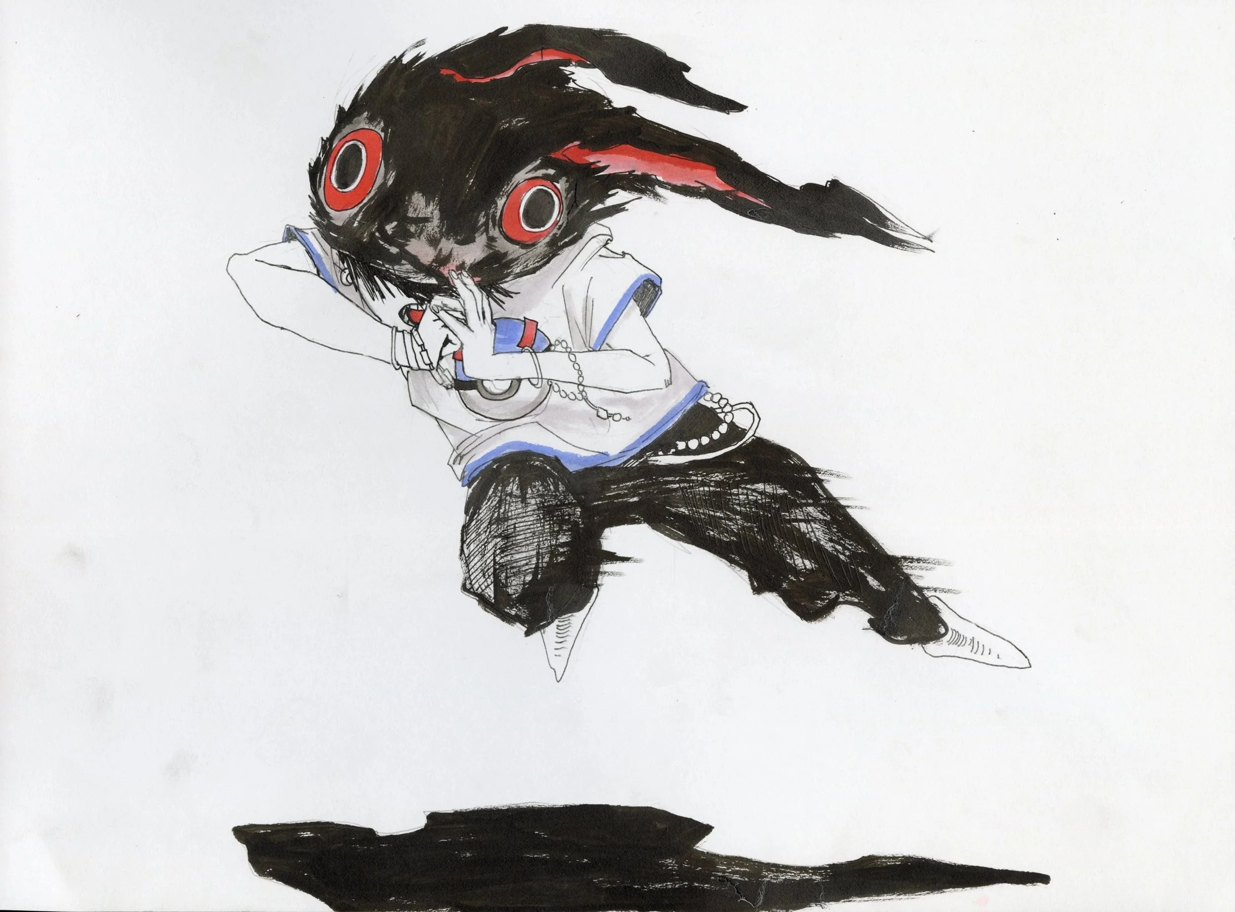 A drawing of a person with a fish head, wearing a white shirt with blue trim, holding their hand to their face. The fish head has large red eyes, black and red coloring, and sketchy details on a white background.
