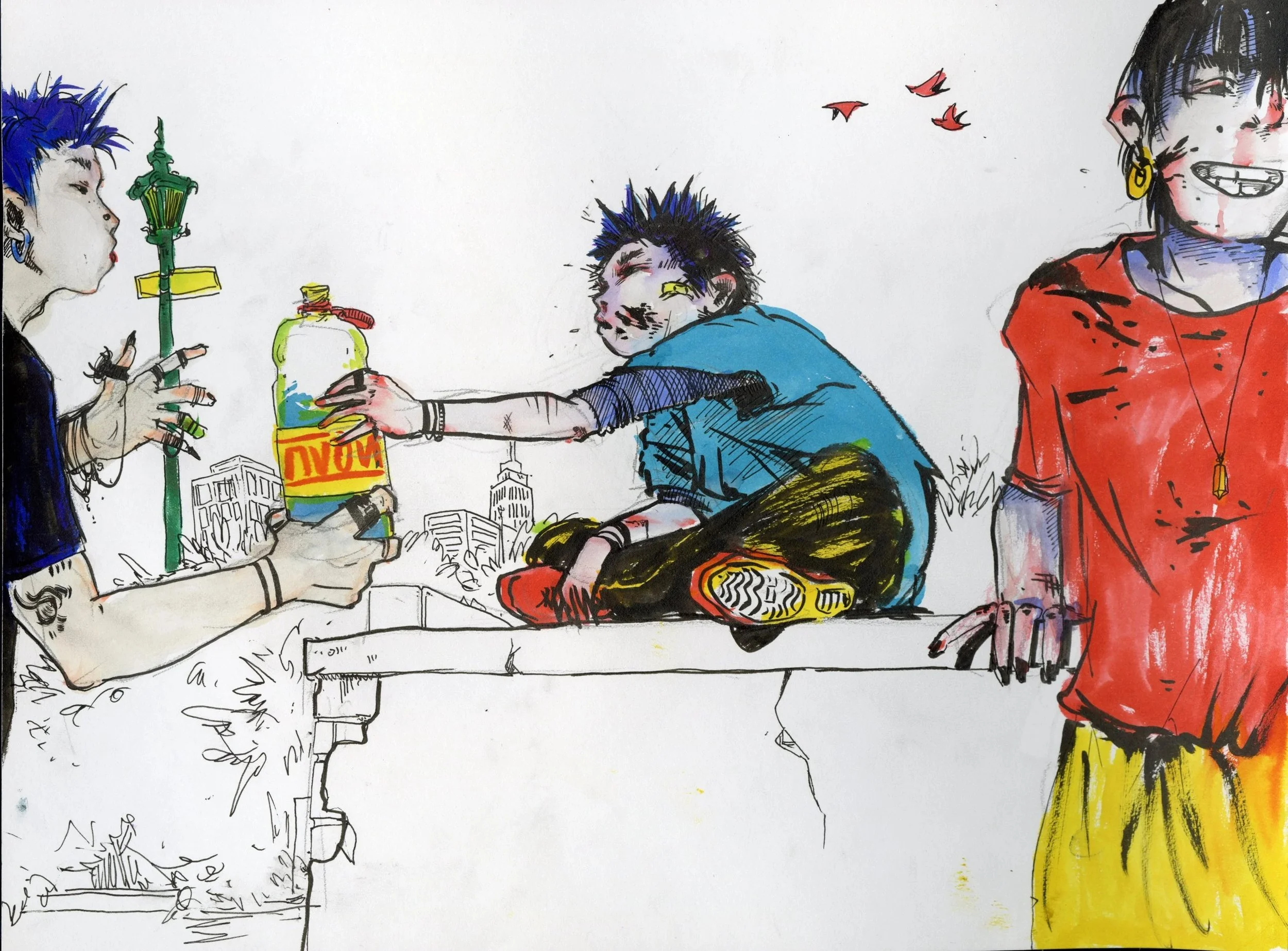 A colorful drawing of three children sitting at a table outdoors, with a city skyline in the background. The children have distinct hairstyles and are engaged with various objects, including a jar and a toy.