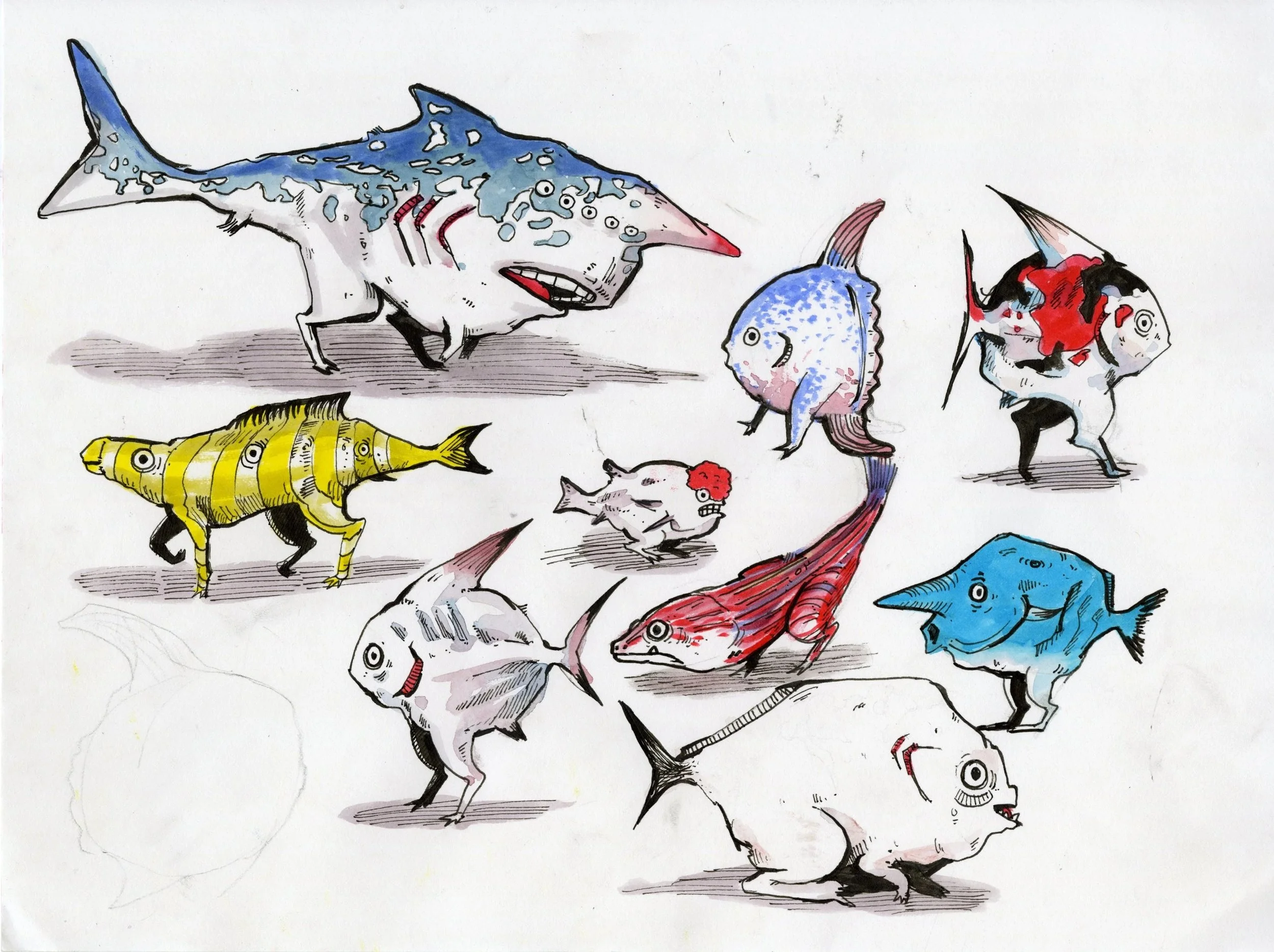 Colorful, cartoon-style illustration of various fish species, including a shark, an anglerfish, a goldfish, a betta fish, and a pufferfish.