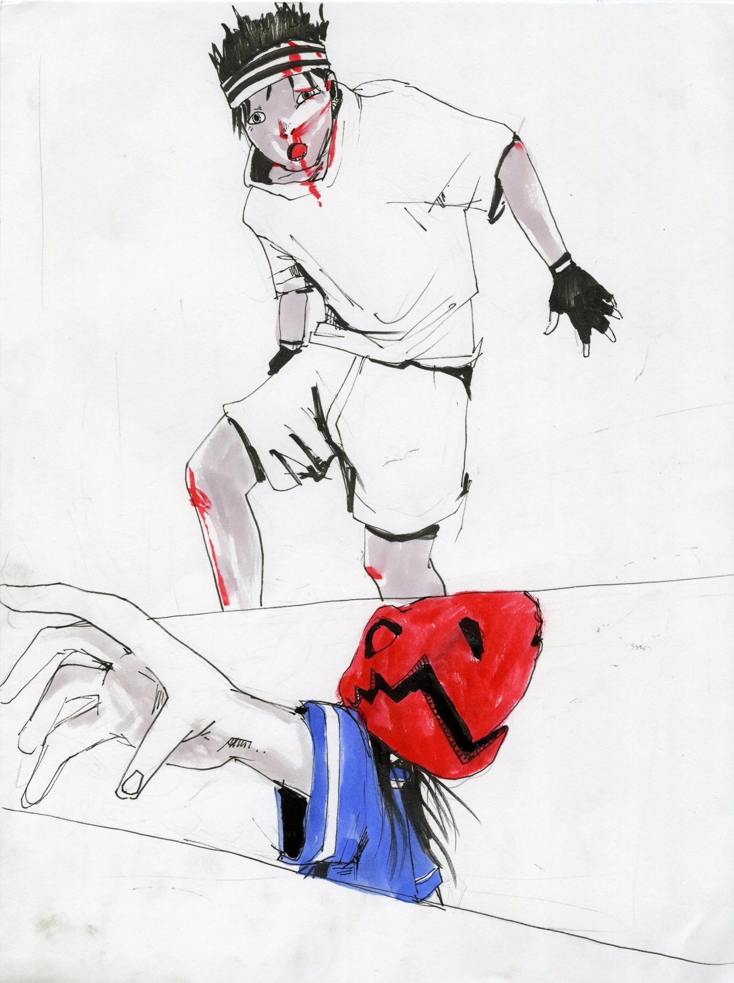 A hand-drawn sketch of a person with short spiky hair wearing a headband, a loose t-shirt, gloves, shorts, and sporting a bruised knee, with a red and black pumpkin wearing a baseball cap and blue jacket in the foreground.