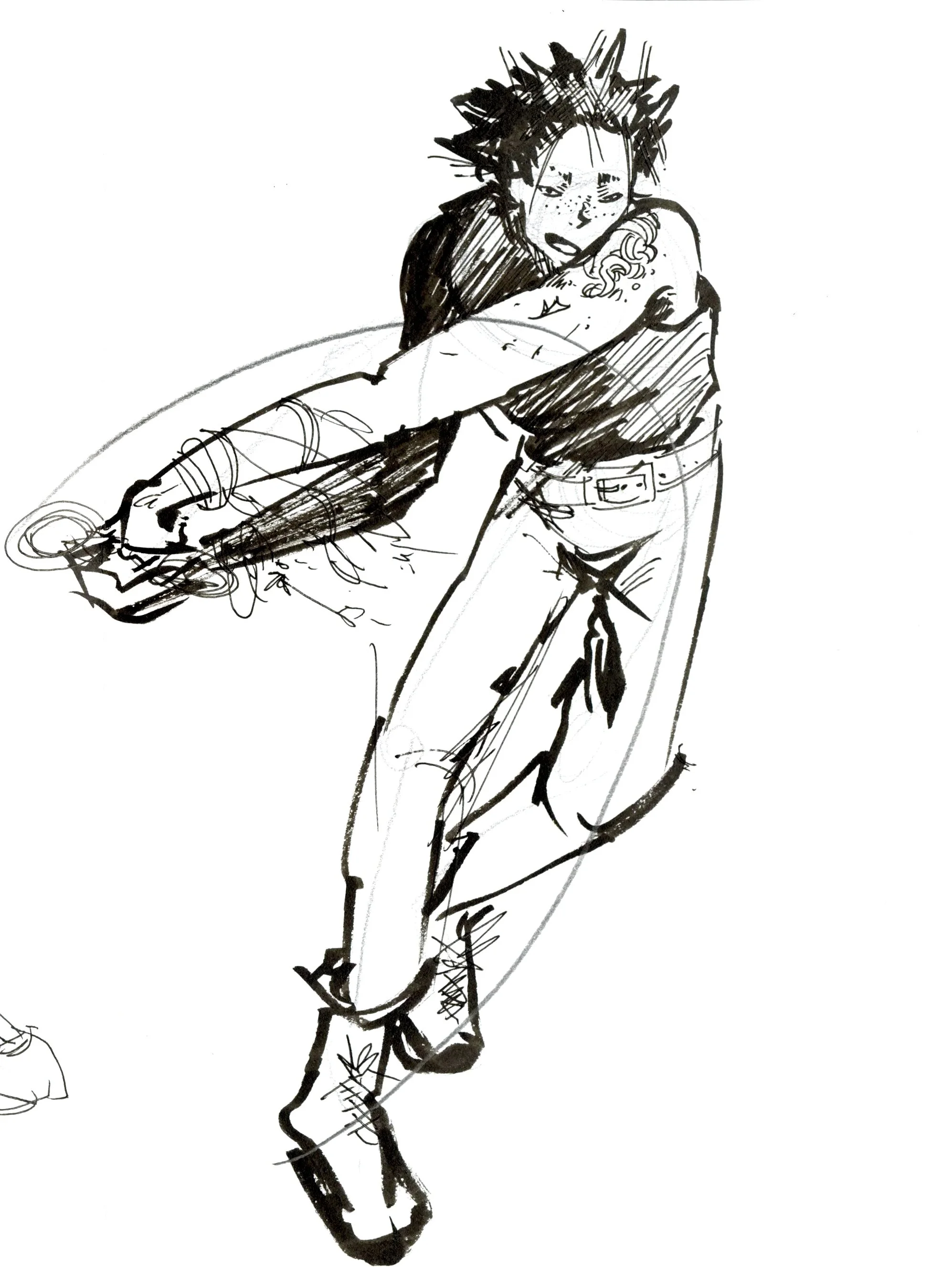 Black and white sketch of a young person with spiky hair, holding a skateboard and looking over their shoulder.