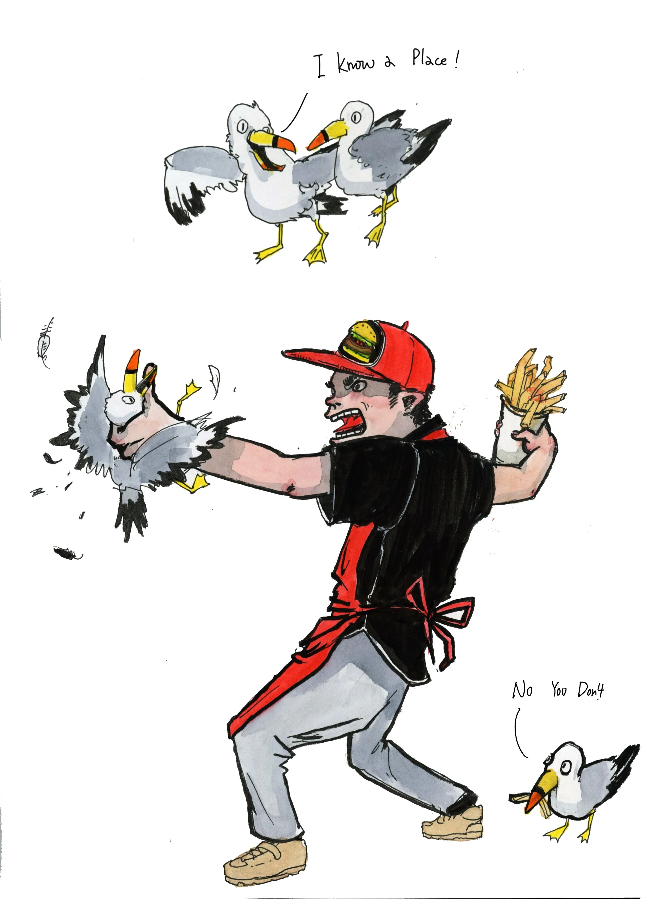 A cartoon drawing of a man and two seagulls. The man has a stern expression, black hair, a red cap, a black T-shirt, gray pants, and tan shoes. He holds a bunch of French fries and has a red apron tied around his waist. One seagull is standing on his