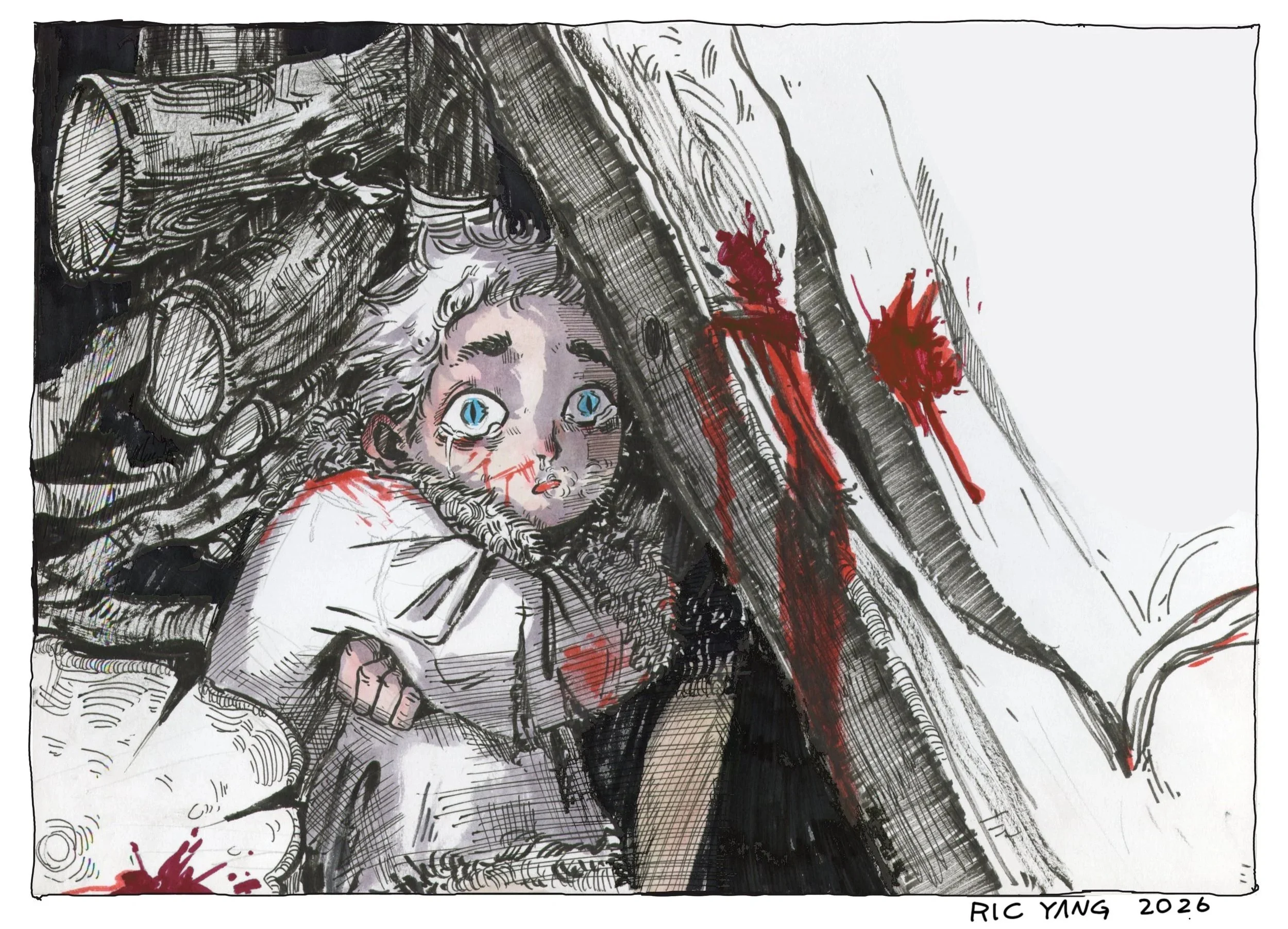 A detailed black and white illustration of a woman lying on the ground, with tears on her face, looking upwards with wide, expressive eyes. Blood splatters are depicted near the woman, and the image has a sketch-like style. The artist's signature, 'RIC YANG 2026,' is in the bottom right corner.