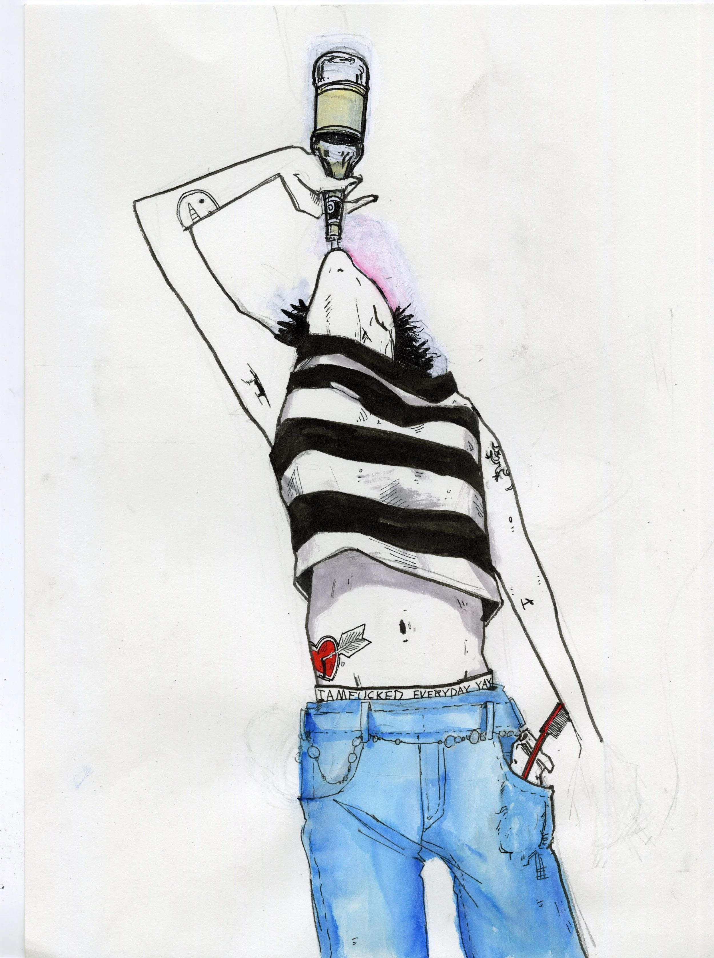 A drawing of a person with tattoos, wearing blue jeans and a black and white striped shirt, holding a cigarette in their right hand, with a tattoo of a red heart with an arrow on their chest, and a tattooed neck. The person is holding a drink with a 