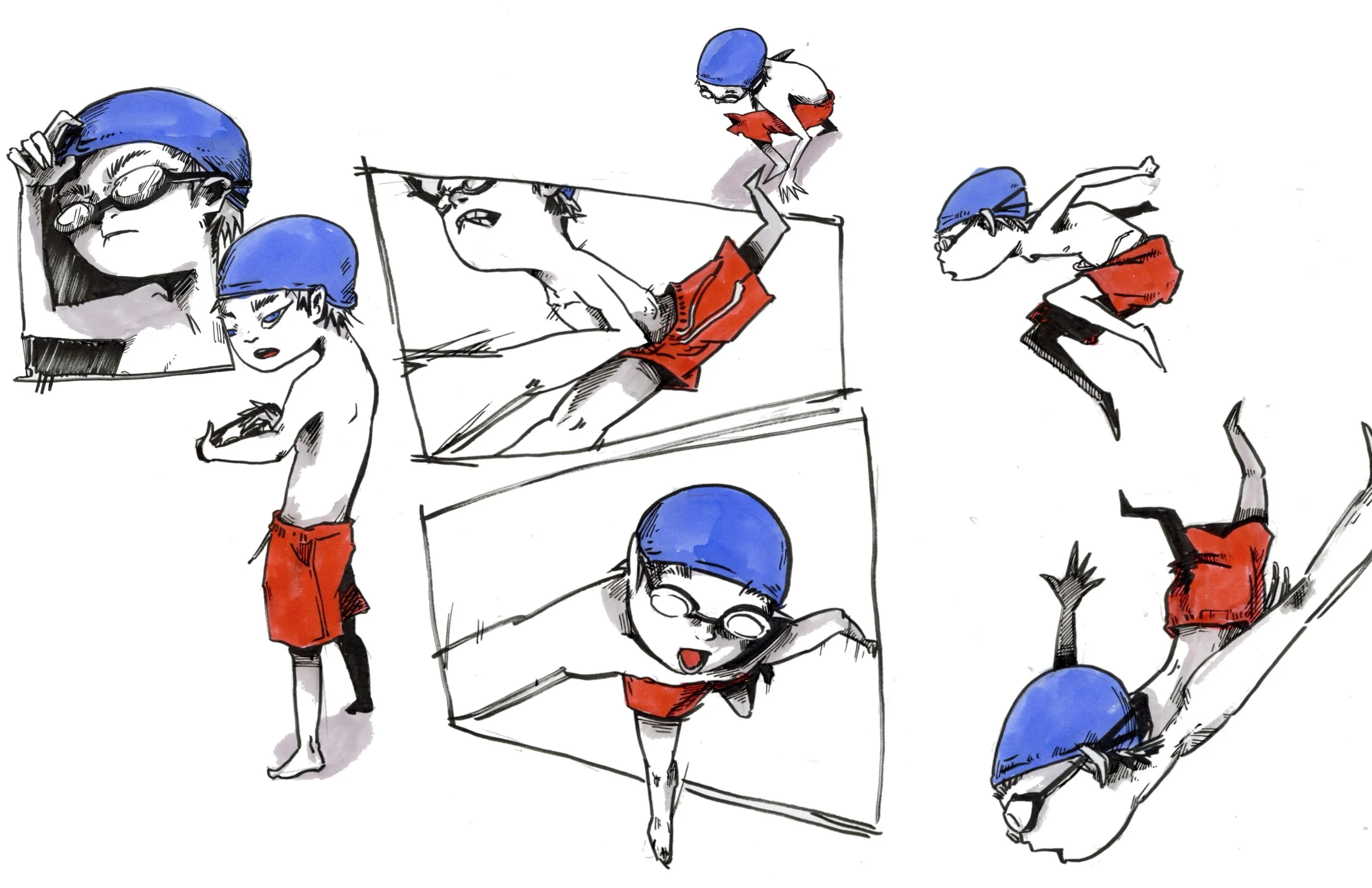 Sketch of young boy in red shorts and blue hat, engaged in various dynamic physical poses, with some scenes showing him wearing glasses and others without.