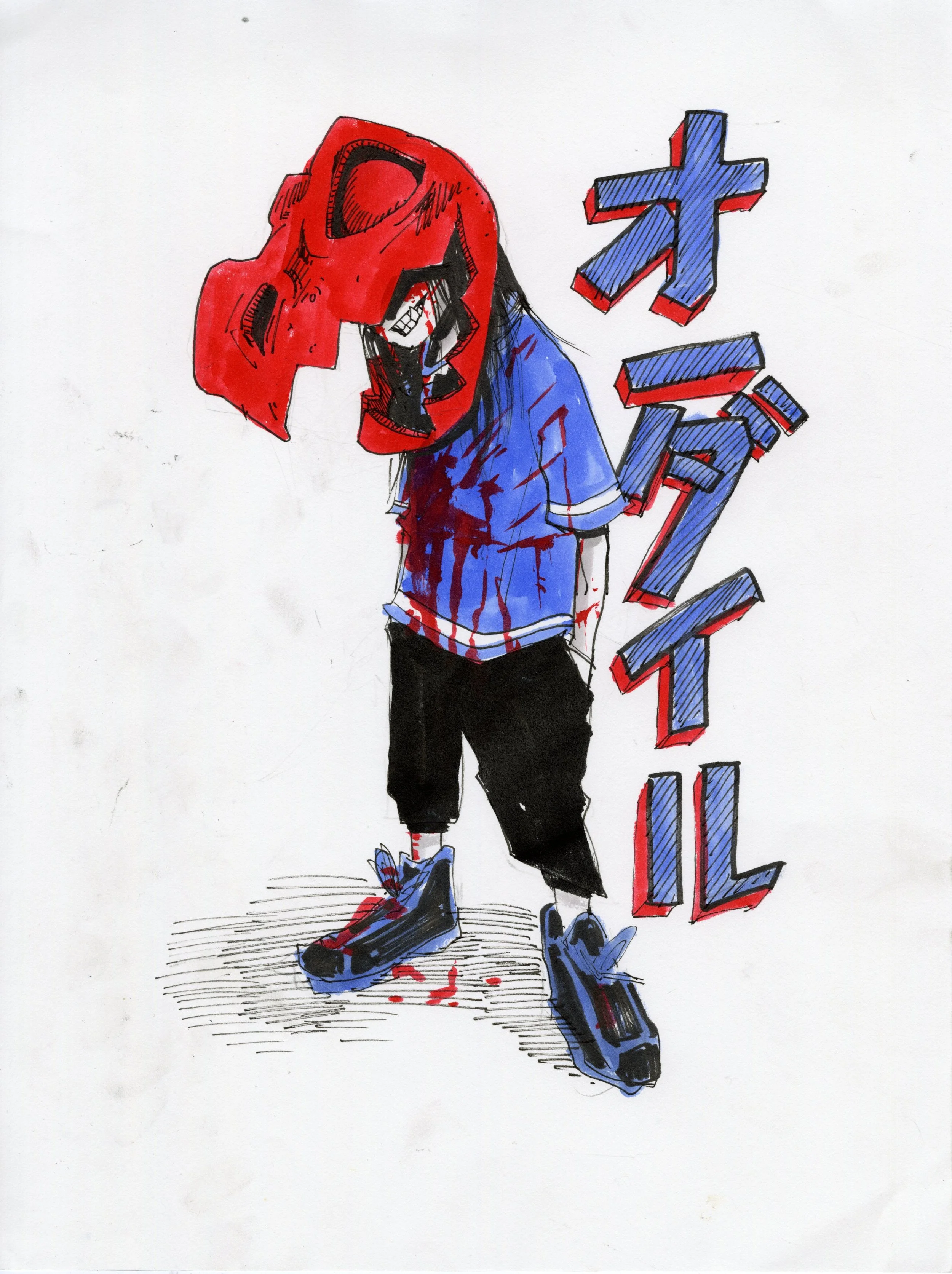 A street art illustration of a person wearing a red hood and mask, with shattered teeth, dressed in a blue shirt, black pants, and blue sneakers, standing next to 3D-style graffiti letters in blue and red.