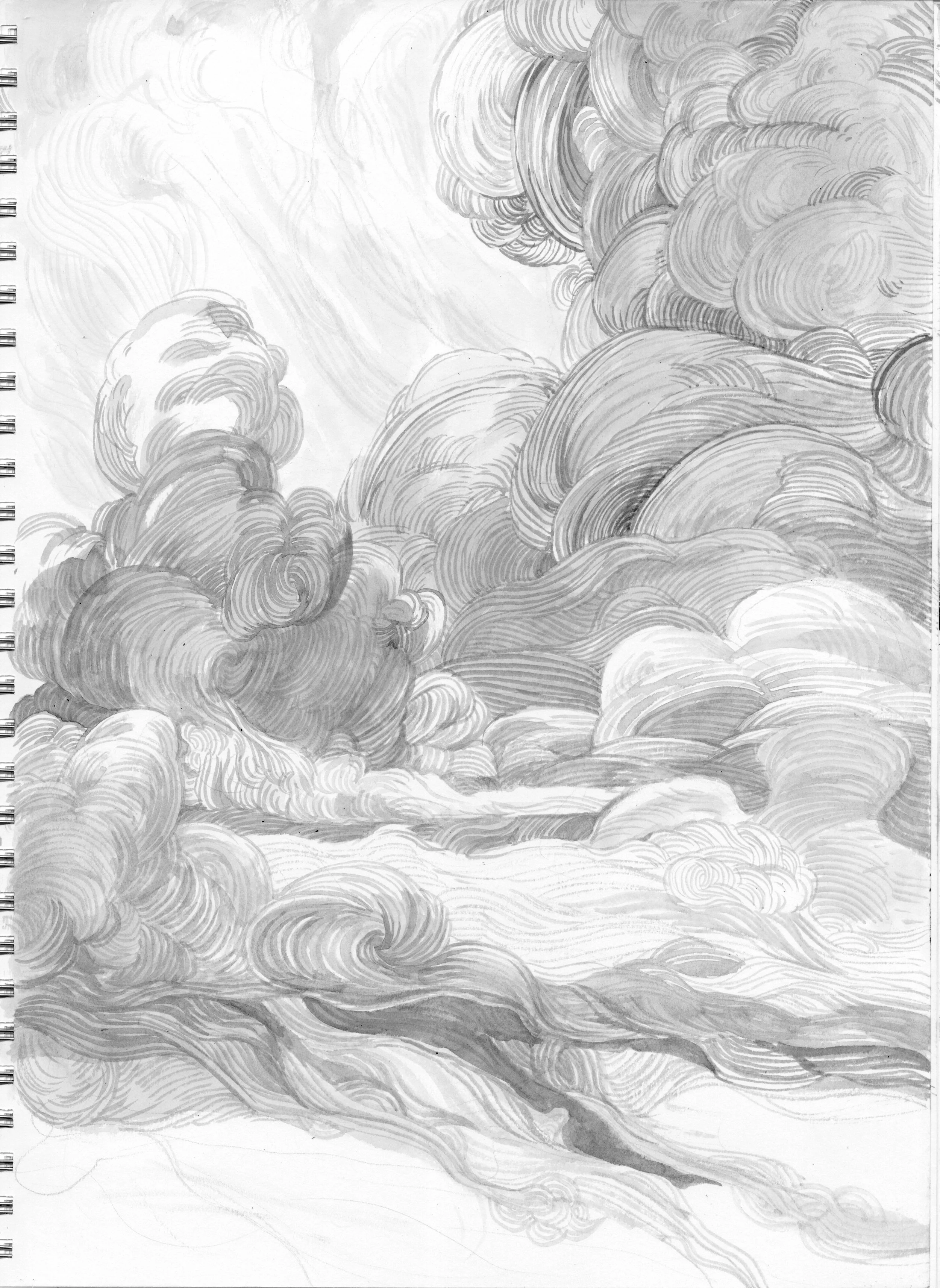Drawing of clouds in a stylized, swirling pattern, with different shades of gray and line details.