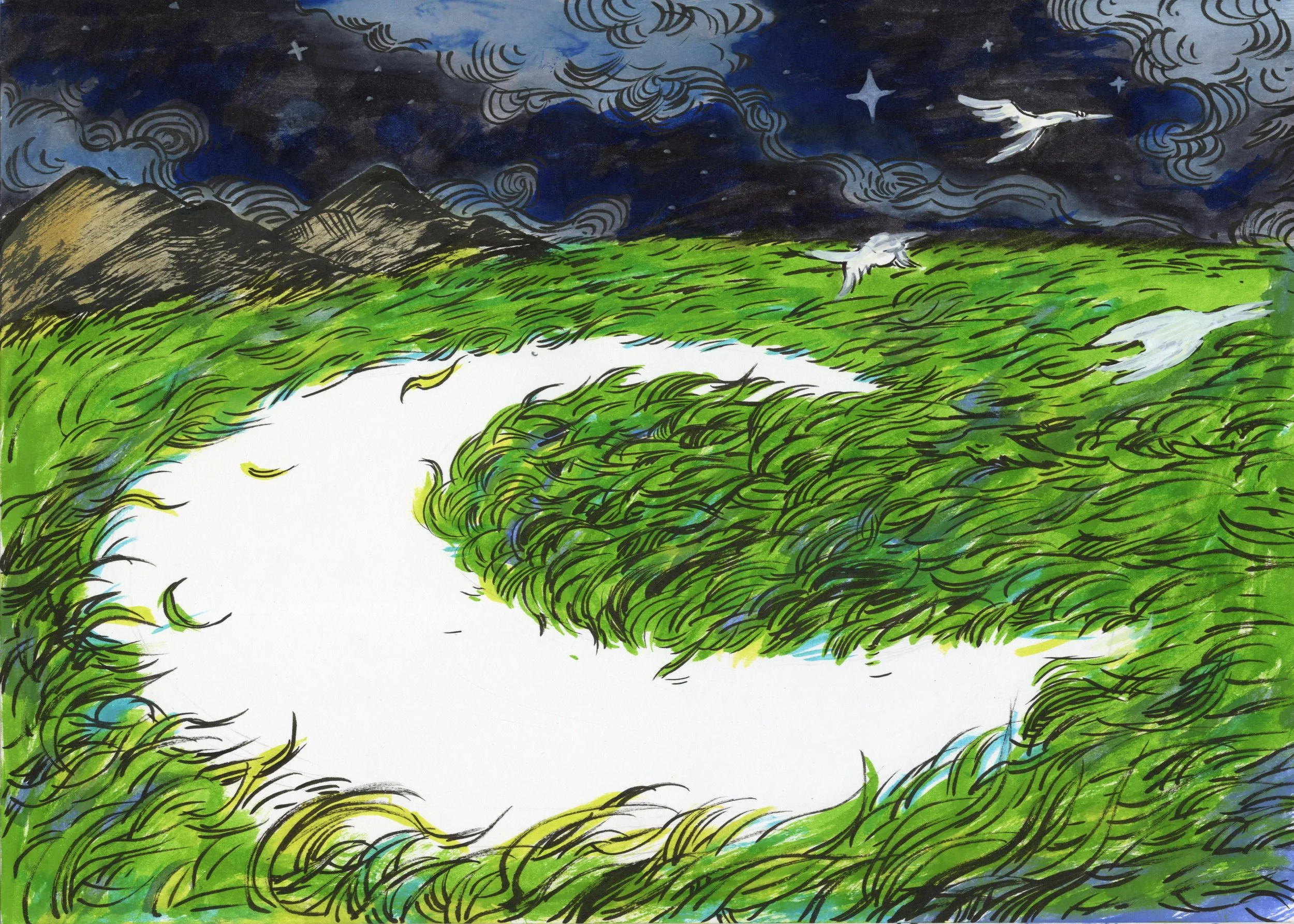 A mural painting depicting a night scene with dark clouds, stars, mountains, green fields, and flying birds.
