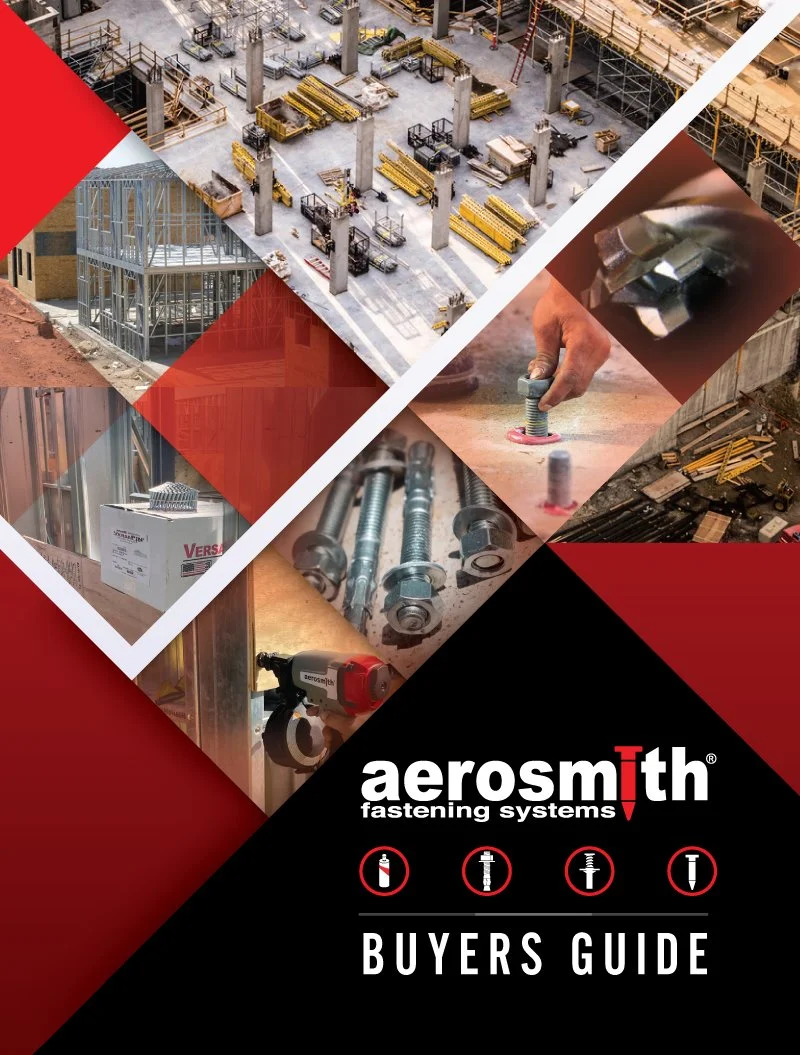 Cover of Aerosmith Fastening Systems Buyers Guide with images of construction sites, framing, bolts, and fasteners.