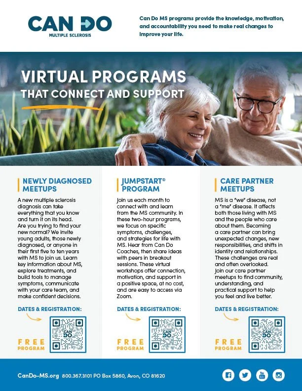 Flyer for 'Can Do Multiple Sclerosis' virtual programs featuring a smiling elderly woman and man, promoting support and education for MS patients, including meetups, Jumpstart program, and care partner meetups, with registration QR codes and contact 