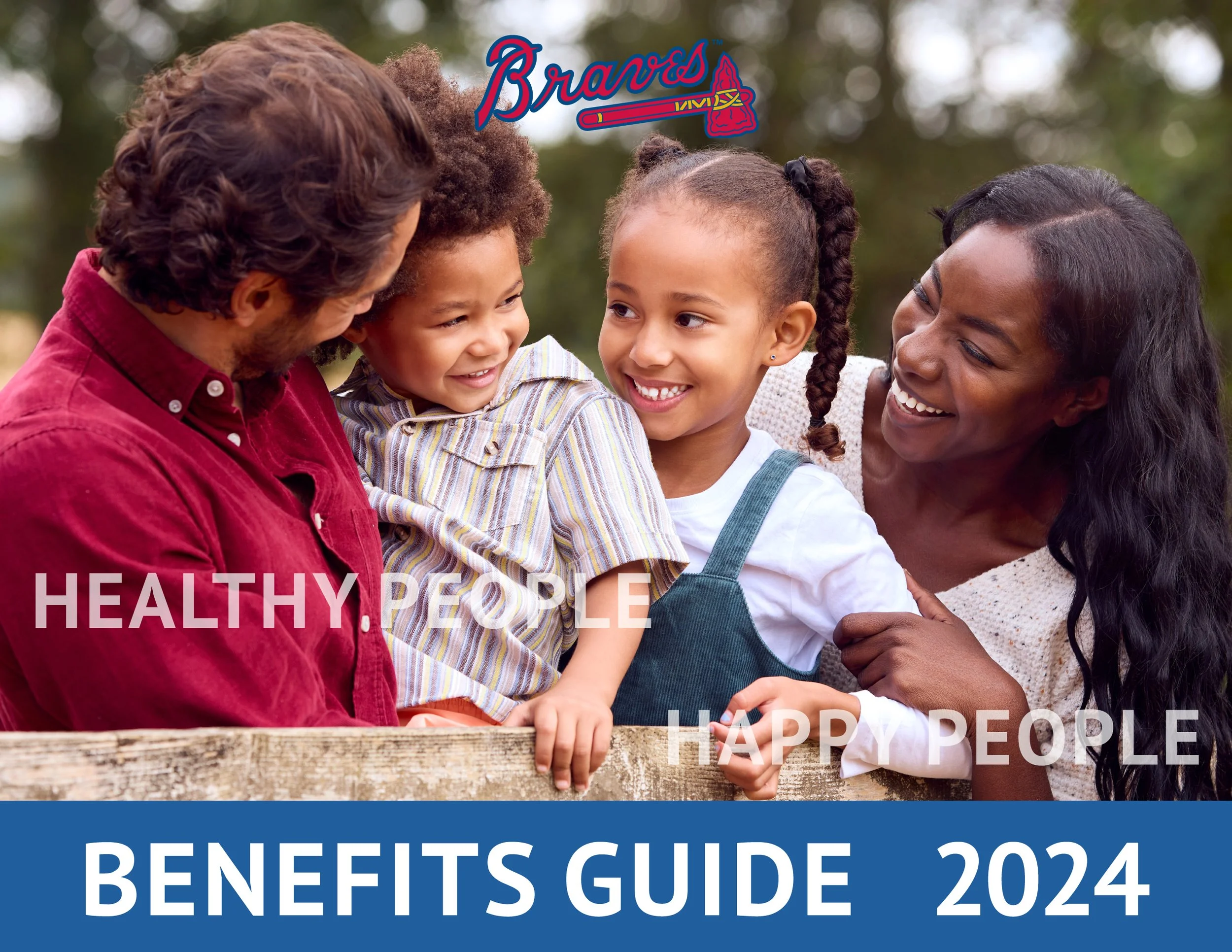Family of four—two adults and two children—smiling and talking outdoors, with a banner reading '2024 Benefits Guide' and 'Healthy People Happy People' at the top.