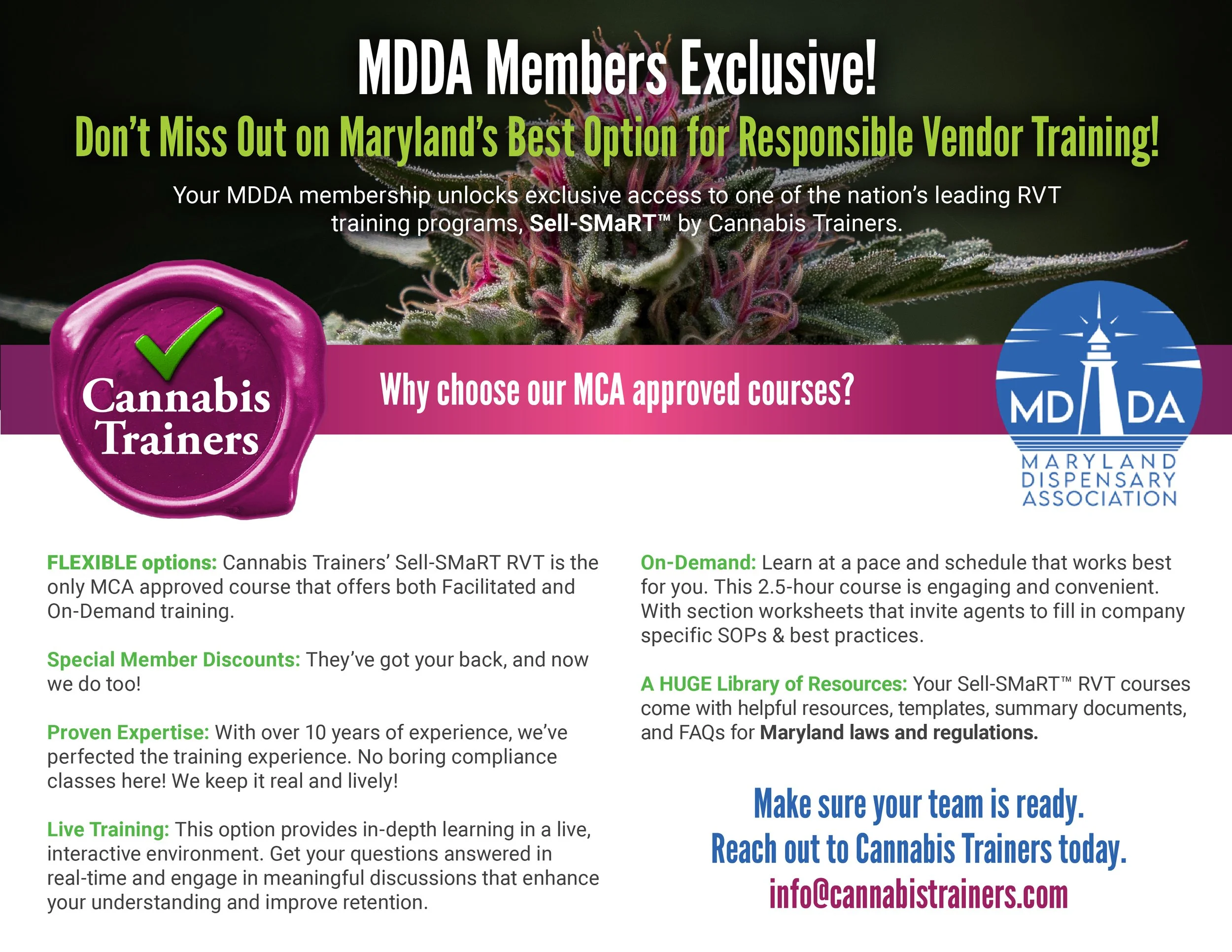 An informational advertisement for Maryland Dispensary Association's cannabis training courses. It features a close-up image of a cannabis flower in the background, with text promoting exclusive MDDA member access to courses, highlighting features su