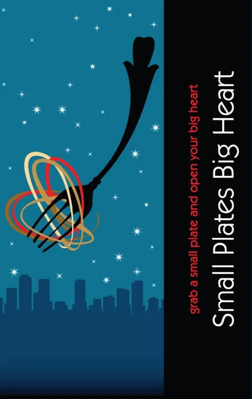 A city skyline with a dark blue sky and stars, featuring a large stylized illustration of a hand holding a tangled colorful wire heart, all with promotional text about small plates and big hearts.