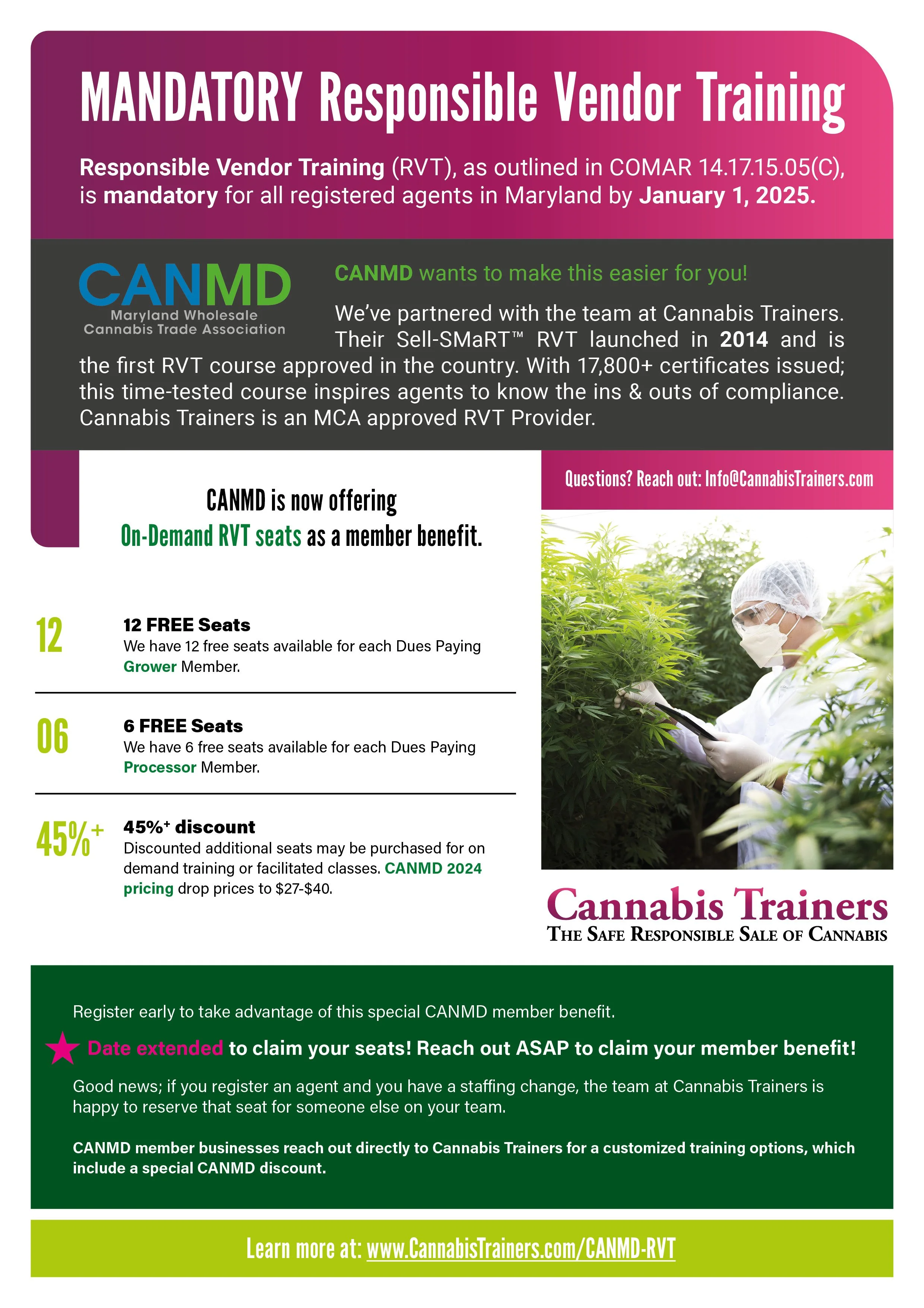 A flyer promoting mandatory responsible vendor training for cannabis agents, with information about the Maryland Wholesale Cannabis Trade Association, partnership with Cannabis Trainers, training details, discounts, and a photo of a person inspecting