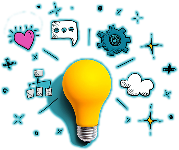 A yellow light bulb surrounded by hand-drawn style icons of a heart, speech bubble, gear, cloud, and stars on a blue background.