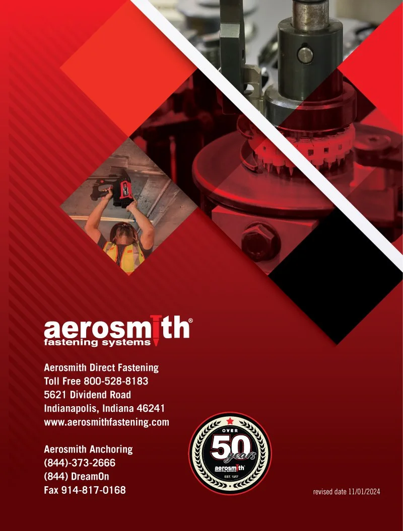 Brochure for Aerosmith fastening systems featuring images of industrial tools and machinery, including a worker using a power tool, with contact information and branding celebrating over 50 years in business.