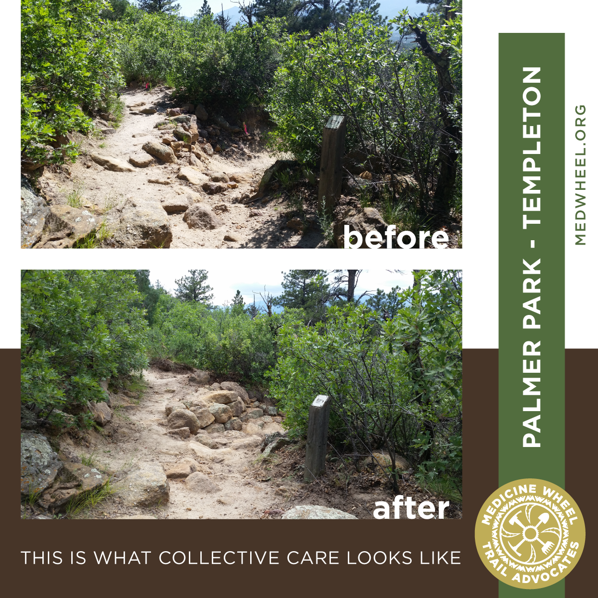 Comparison of a hiking trail at Palmer Park before and after trail repair, showing a more defined, stable path with fewer rocks in the after image.