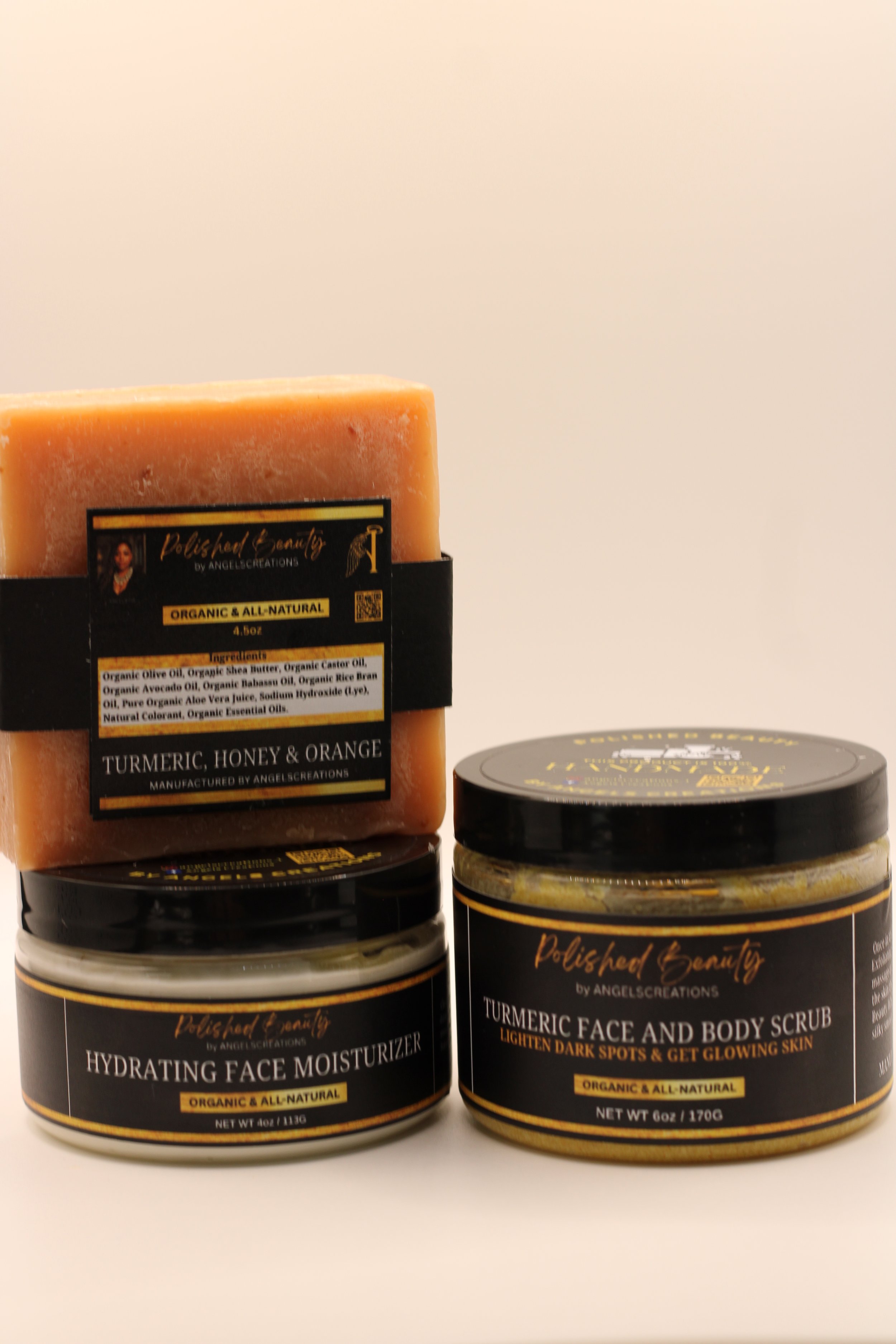Turmeric Complete Glow Set-Turmeric Orange & Honey Bar Soap • Turmeric Face & Body Scrub • Hydrating Face Moisturizer
