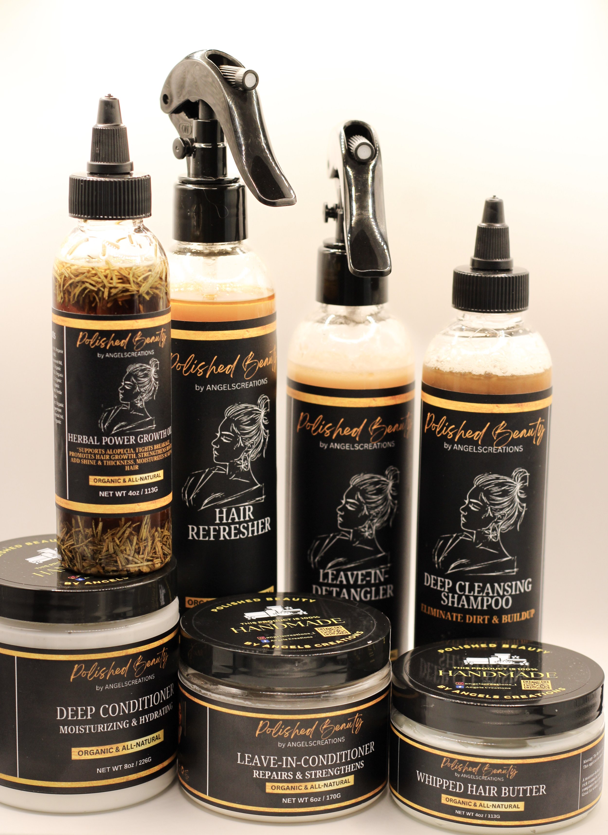 Full Hair Care Set-Deep Cleansing Shampoo • Deep Conditioner • Leave-In Conditioner • Leave-In-Detangler • Hair Refresher • Whipped Hair Butter • Herbal Power Growth Hair Oil