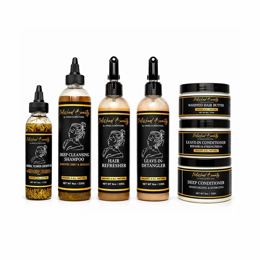 Full Hair Care Set-Deep Cleansing Shampoo • Deep Conditioner • Leave-In Conditioner • Leave-In-Detangler • Hair Refresher • Whipped Hair Butter • Herbal Power Growth Hair Oil