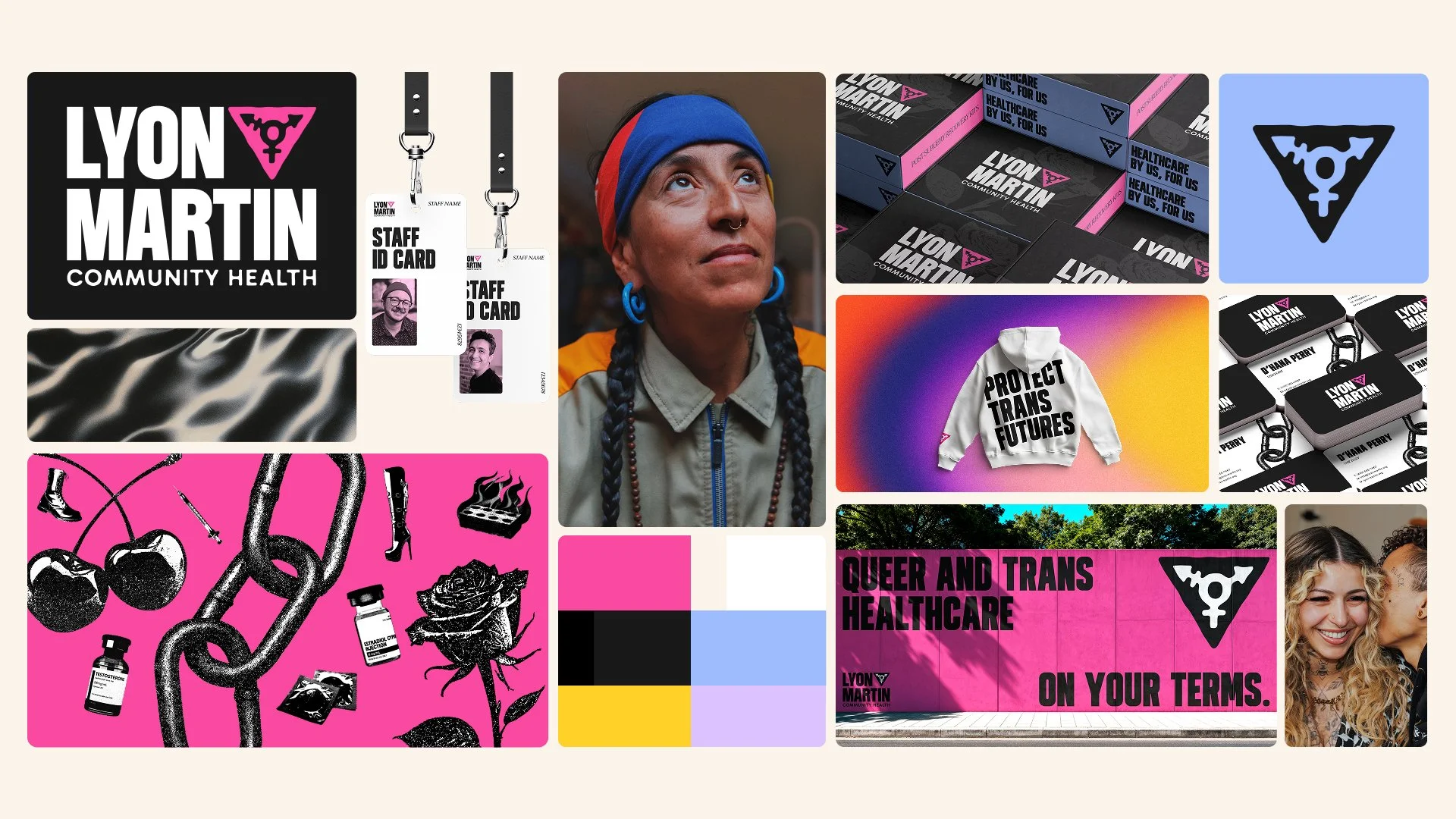 Lyon-Martin’s new brand identity including logo, typography, color palette, and community-centered design system.