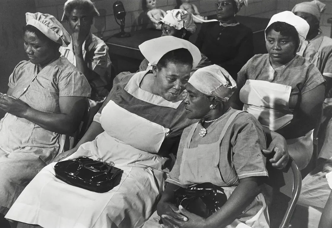 Still from All My Babies (1987), featuring midwife Mary Francis Hill Coley (center) with colleagues during hospital training.