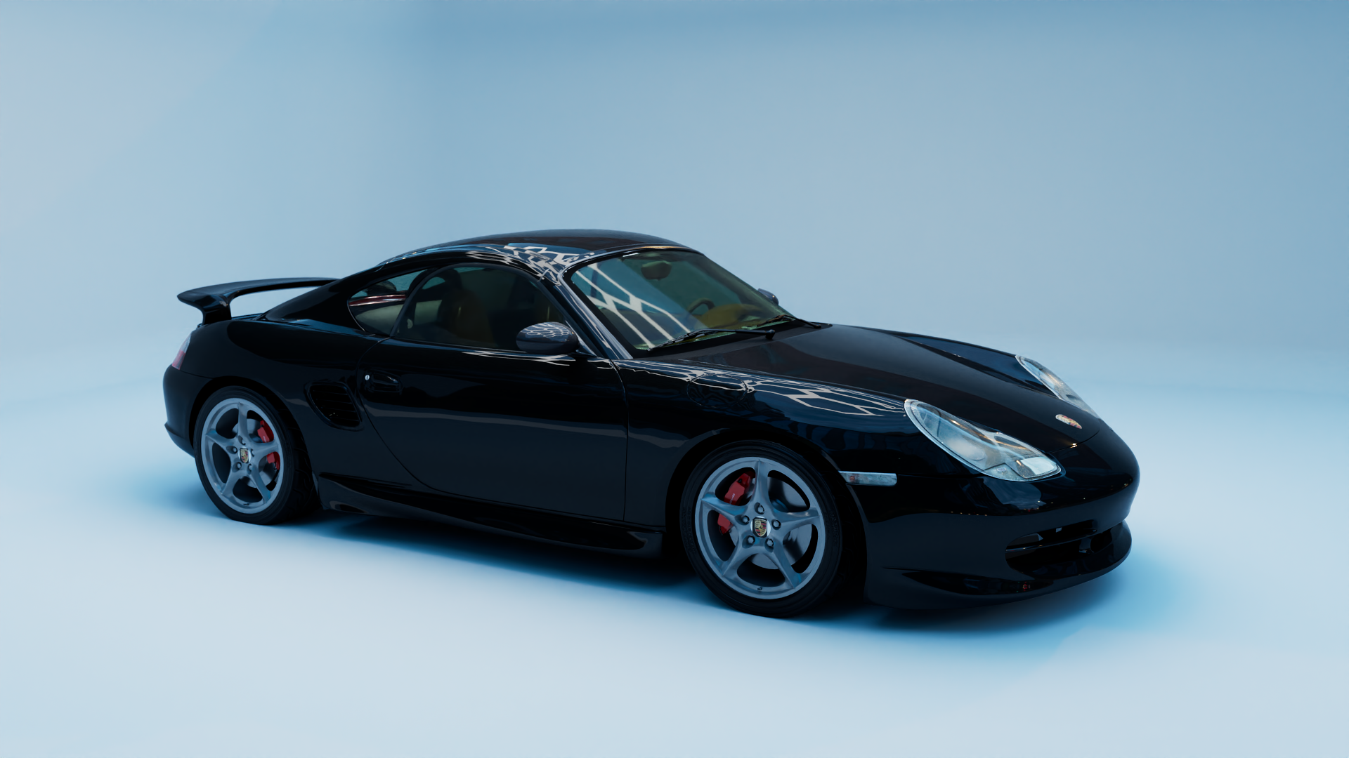 Black Porsche sports car with tinted windows on a light blue background.