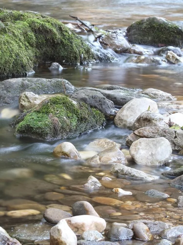 Calm rocky riverbed representing Ian Pullen's personal yoga consultation package.