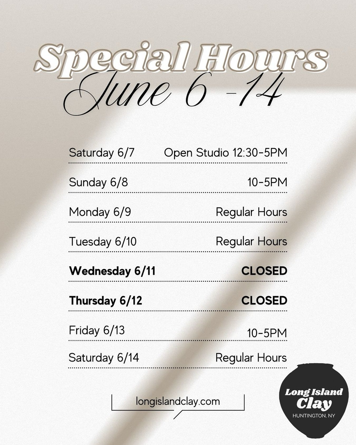 To all current members and students this coming week of June 7-14th is a special schedule where our studio will be experiencing different hours. Please keep in mind all scheduled classes are running but our open studio hours are a little different pl