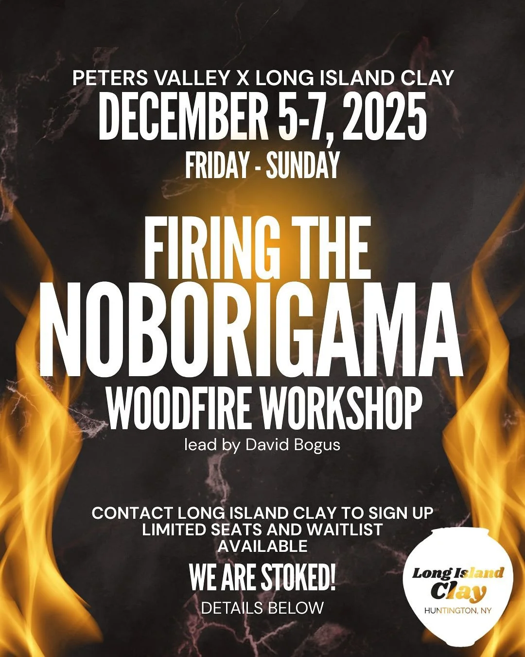 ATTENTION STUDENTS AND MEMBERS at Long Island Clay!
We are thrilled to announce a Woodfire workshop with @petersvalley lead by @bogusboutique  
 Includes a 2 day making workshop at Long Island Clay dates TBD Firing Workshop at Peters Valley December 