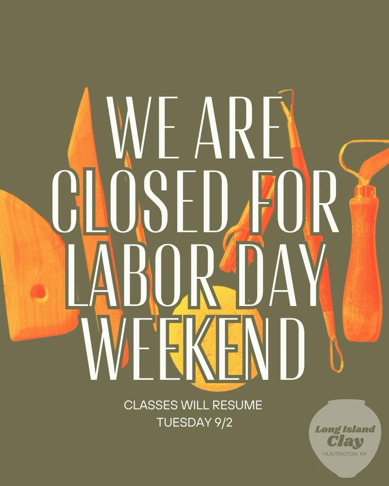 Gentle reminder: we are closed for Labor Day weekend! Classes and Open studio will resume Tuesday! Have a wonderful long weekend everyone 😎 Don&rsquo;t forget to register for all of our new classes starting in September!

#huntingtonNY #artcommunity