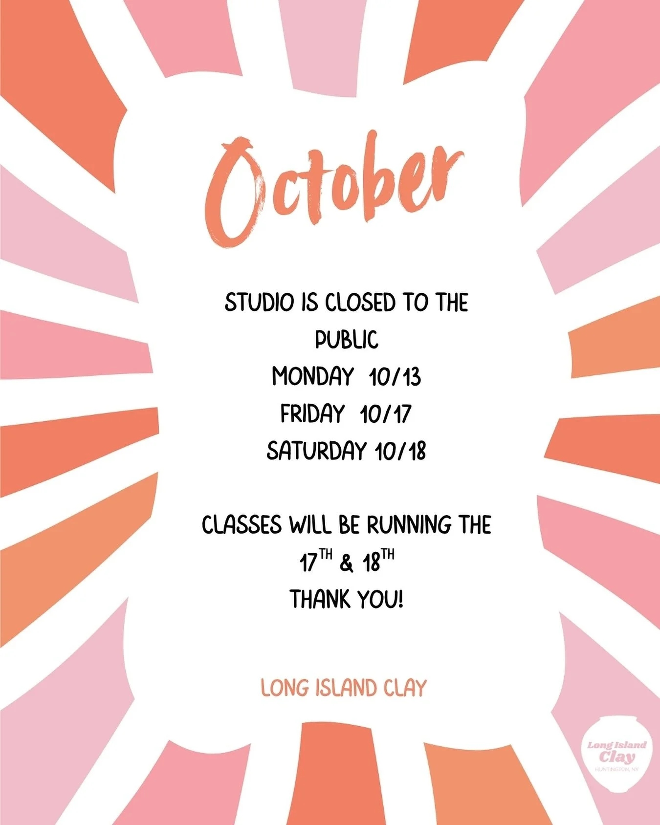 Schedule updates for October! Don&rsquo;t forget to register for our next round of classes! 

#huntingtonNY #artcommunity 
#ceramicstudio #potterystudio #wheelthrowing #handbuilding #clay #longislandclay #art #pottery #artistsoninstagram #huntington 