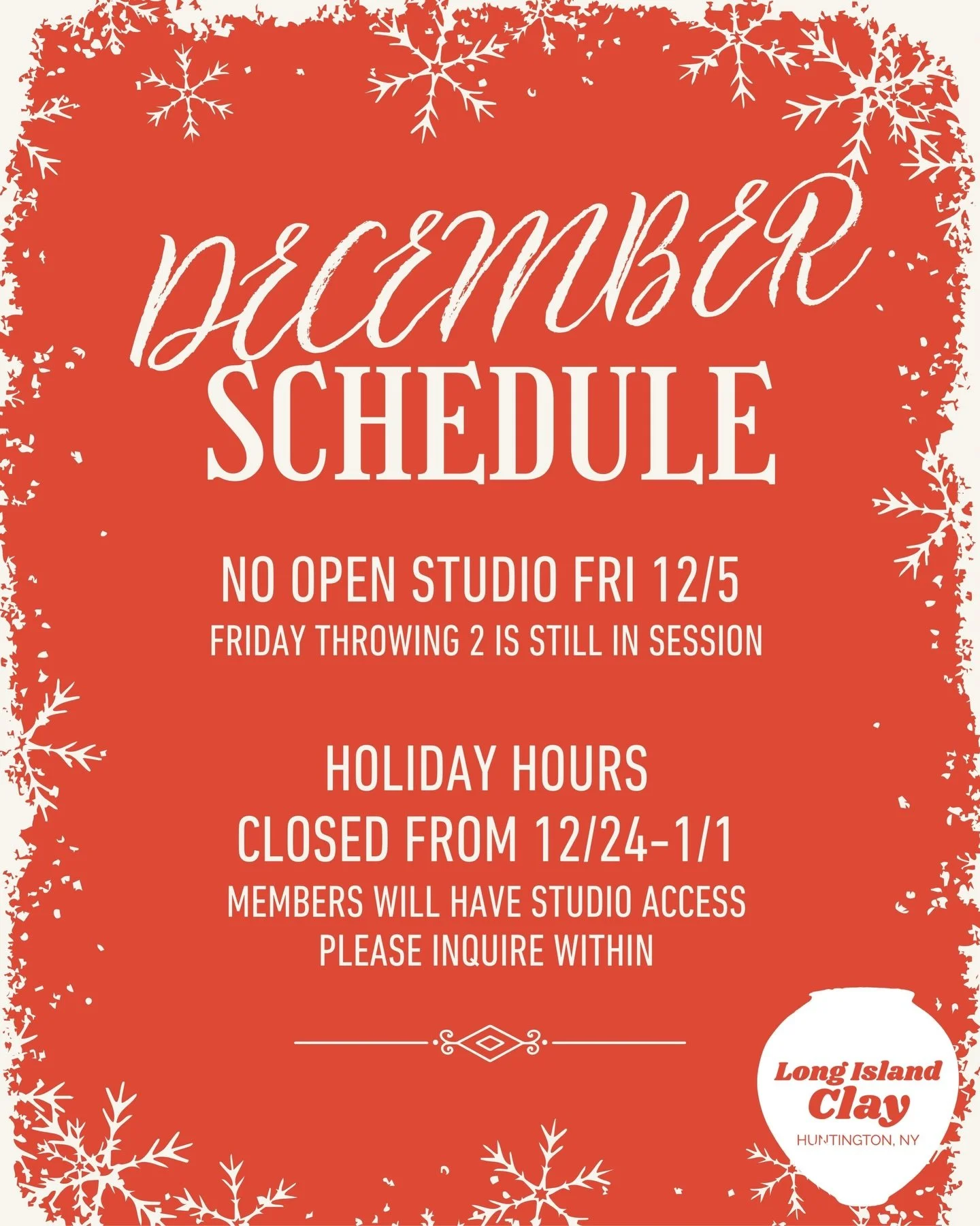 December is here! We will be closed for the week between Xmas Eve and New Year&rsquo;s Day. Members will have access to the studio with prior notice! We are also closed this Friday but class with @jeff_gomez._ is still running. 

#huntingtonNY #artco